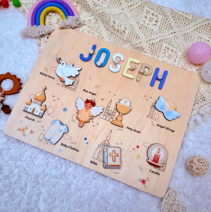 Personalized Wooden Name Puzzle - Baptism Boy Set for Toddlers