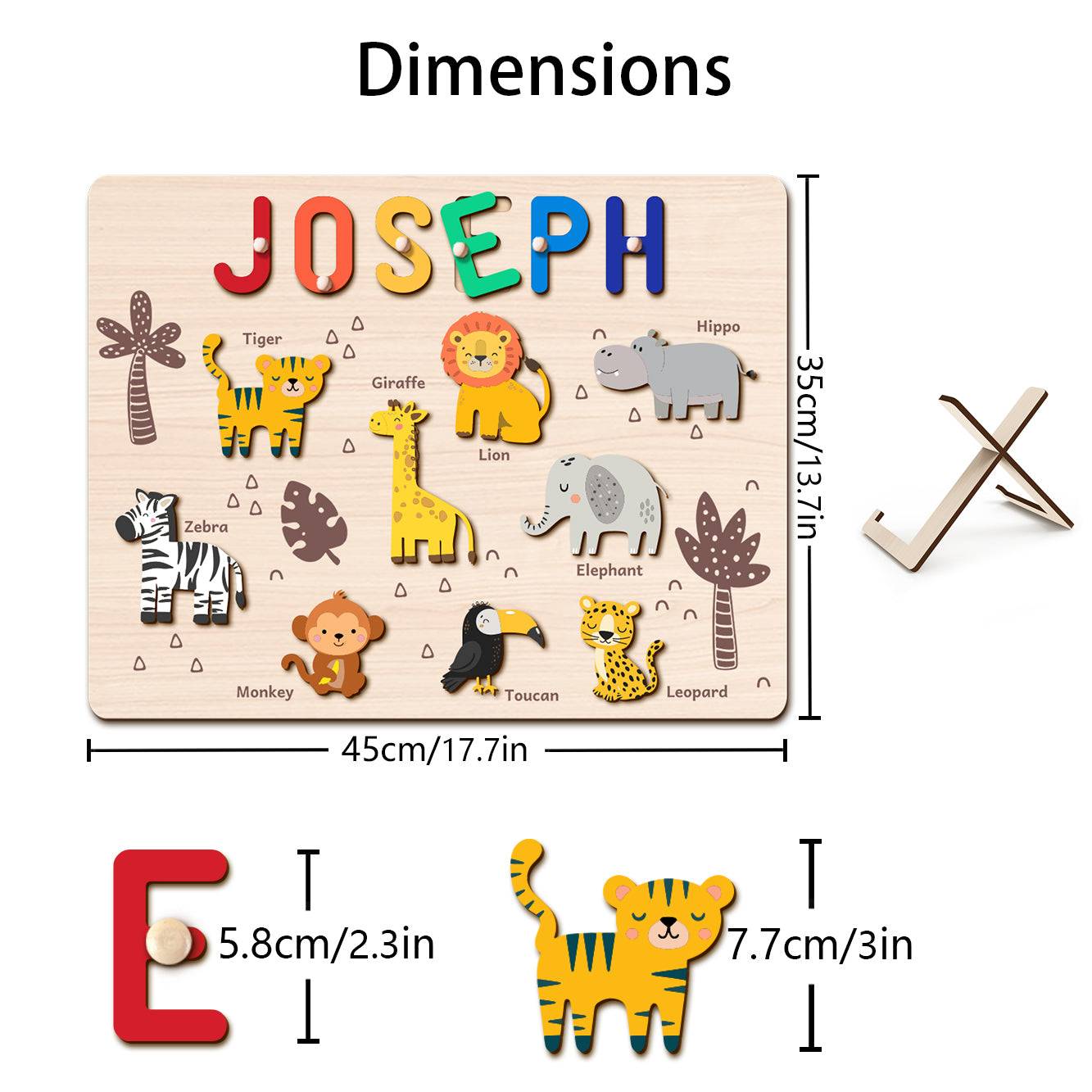 Personalized jungle animal name puzzle with vibrant colored letters and adorable animal figures, ideal for children.