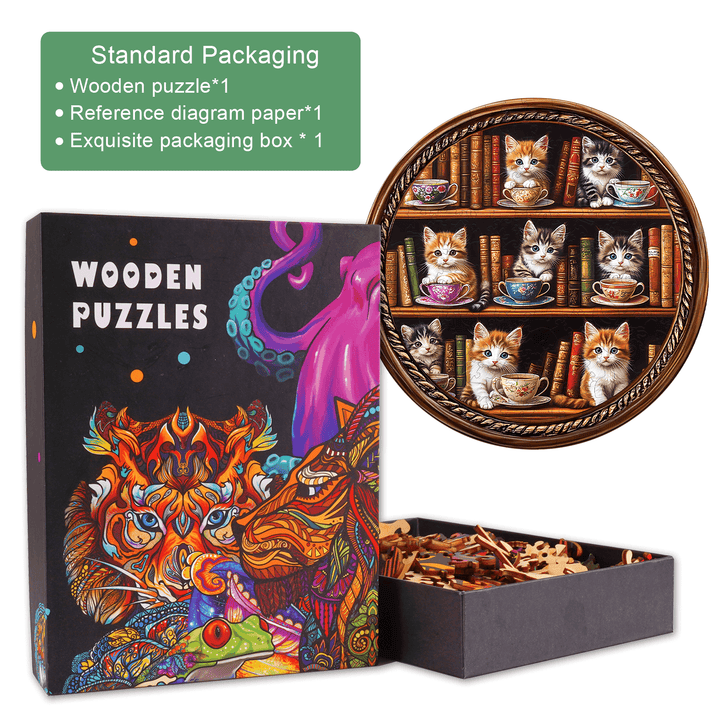 Cat Coffee Library Wooden Jigsaw Puzzle