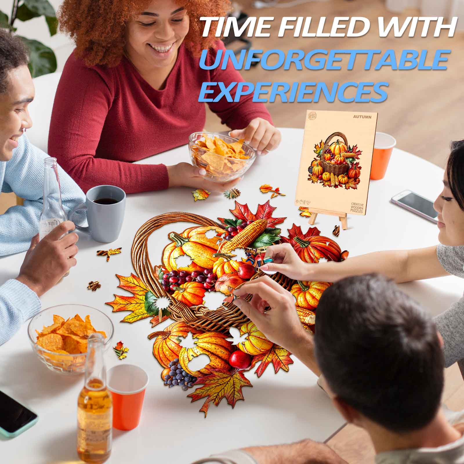 People enjoying an Autumn wooden jigsaw puzzle together, fostering focus and unforgettable experiences.