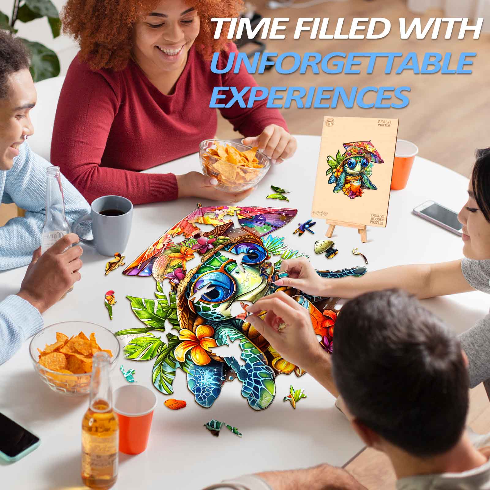 Group of friends enjoying the Beach Turtle Wooden Jigsaw Puzzle, fostering fun and unforgettable experiences together.