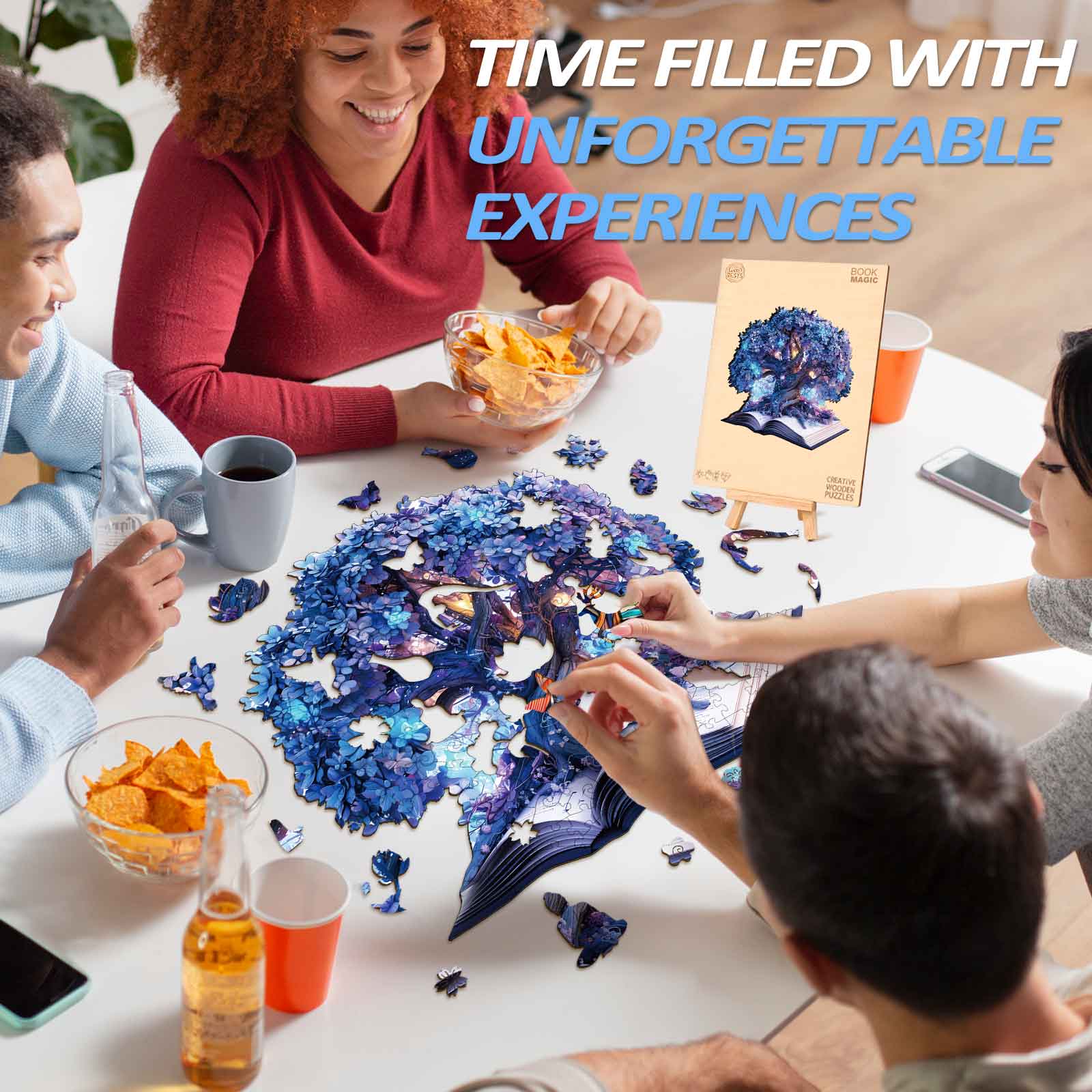 Group of friends enjoying the Magic Book Wooden Jigsaw Puzzle together, fostering focus and unforgettable experiences.