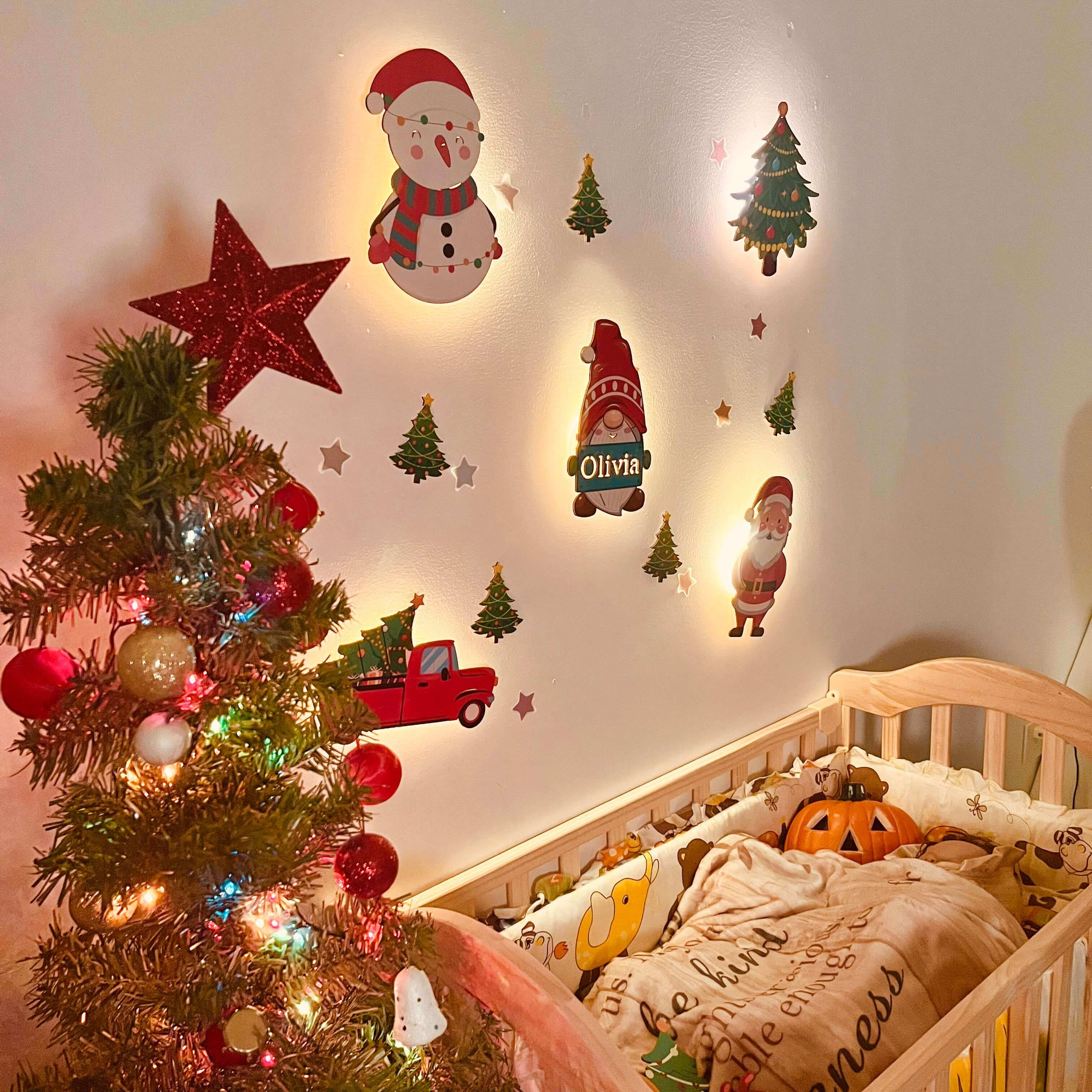 Ensemble de lampe murale en bois personnalisée pour chambre de bébé - Thème Noël