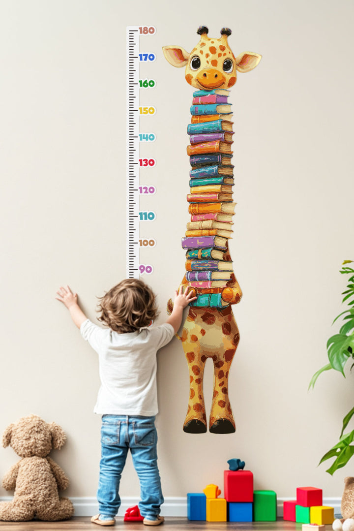 Adorable girafe tenant des livres Autocollant mural toise de croissance