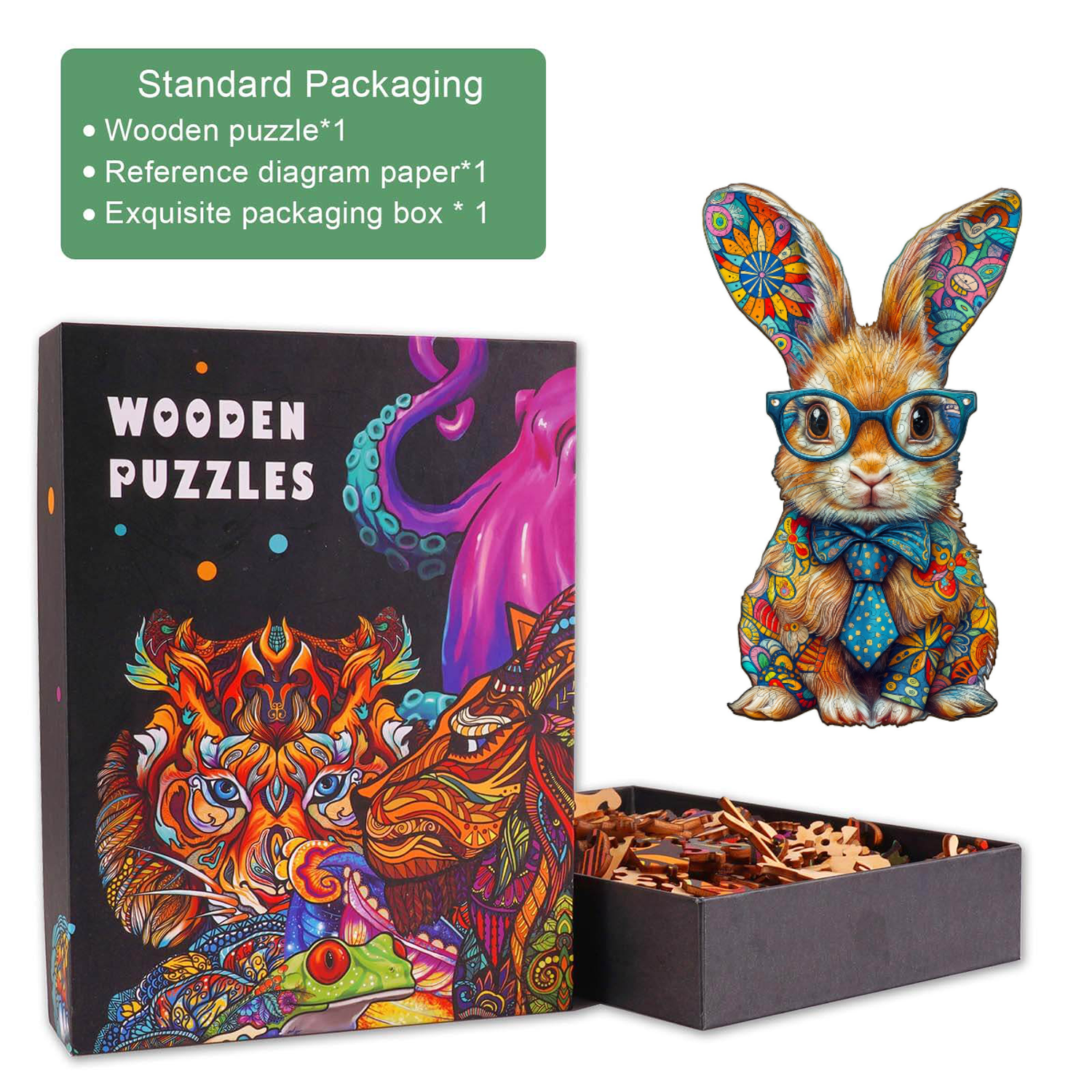Puzzle en bois coloré en forme de lapin