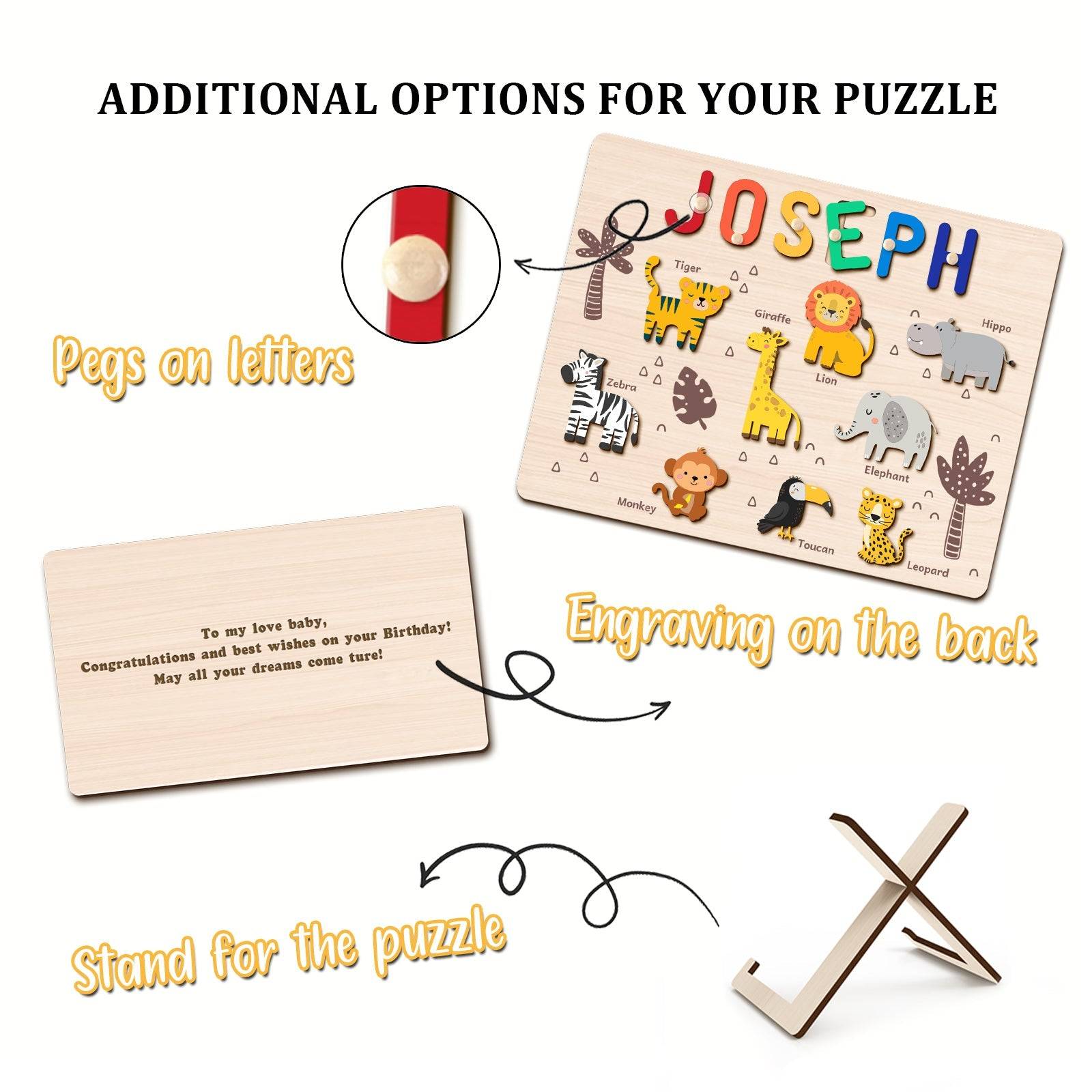 Personalized jungle animal name puzzle with pegs, engraving options, and a stand for display.