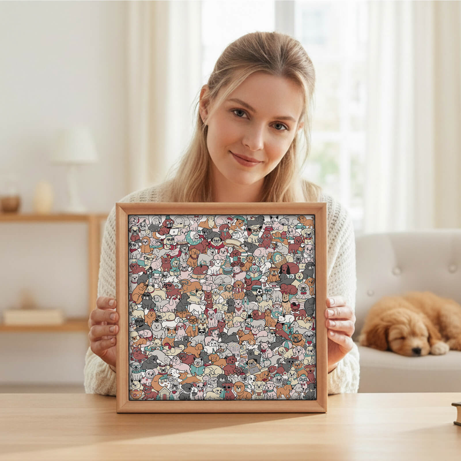 Puzzle carré en bois 195 pièces couleur Morandi en forme de chien mignon
