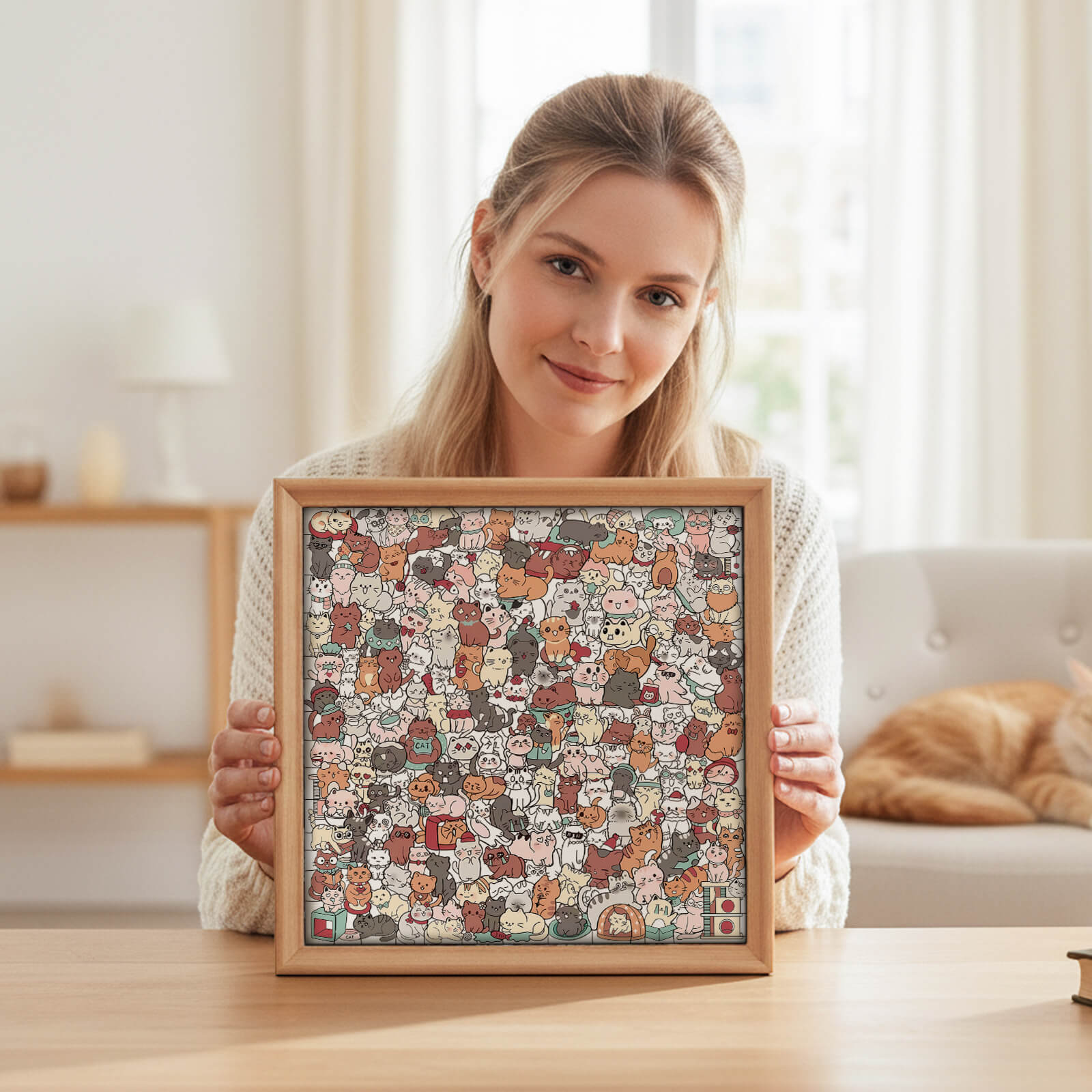 Puzzle carré en bois 200 pièces couleur Morandi en forme de chat adorable