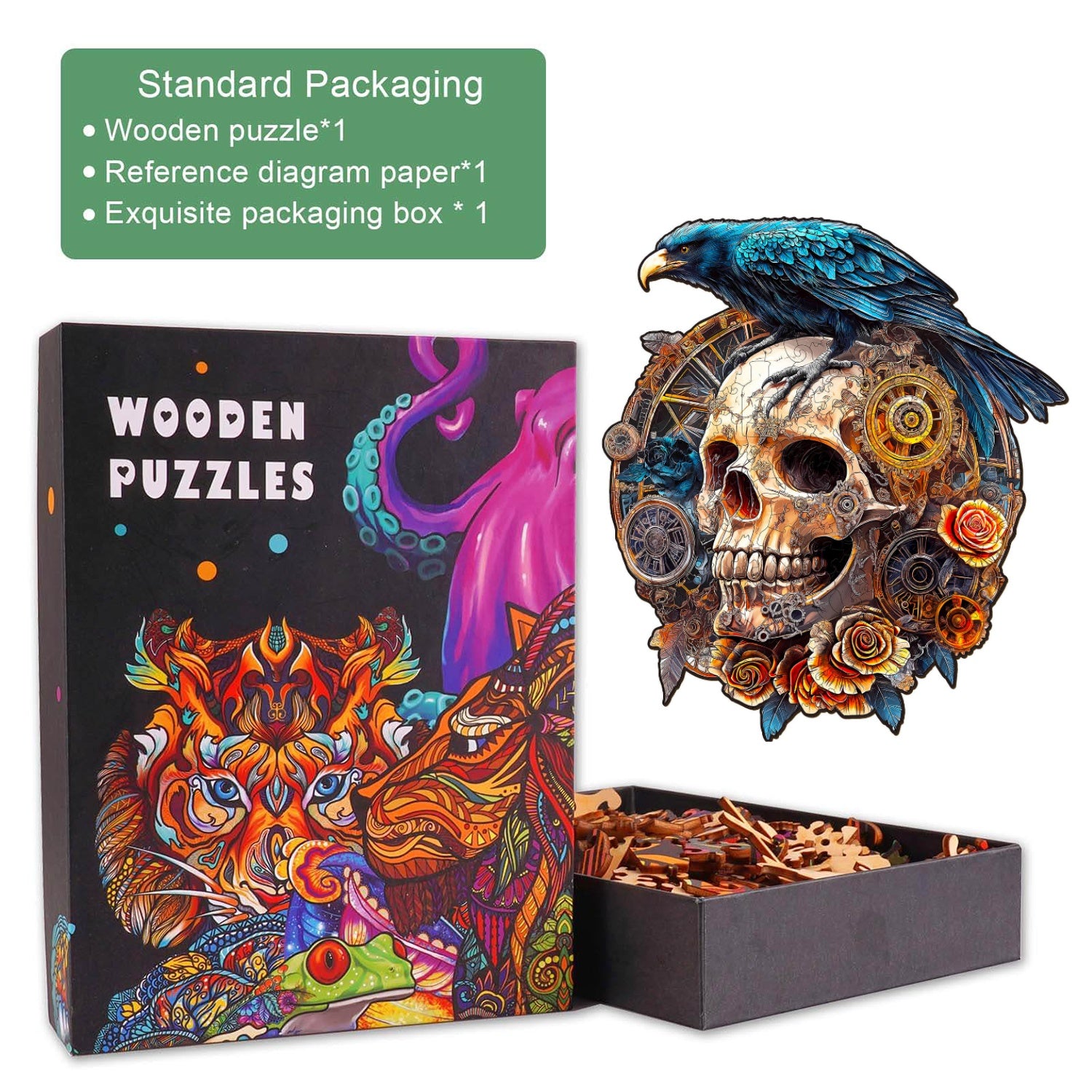 3D Mechanischer Schädel & Rabe Holzpuzzle