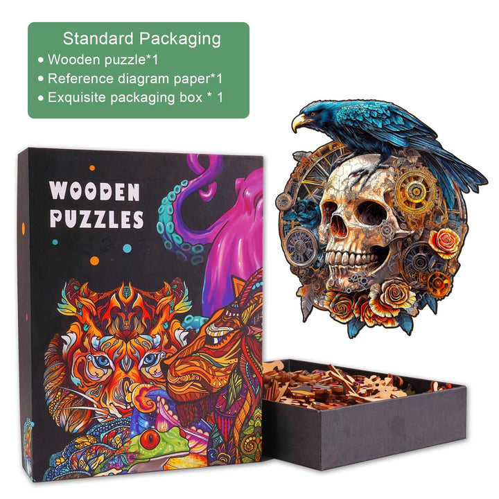 Puzzle en bois 3D de crâne mécanique et de corbeau