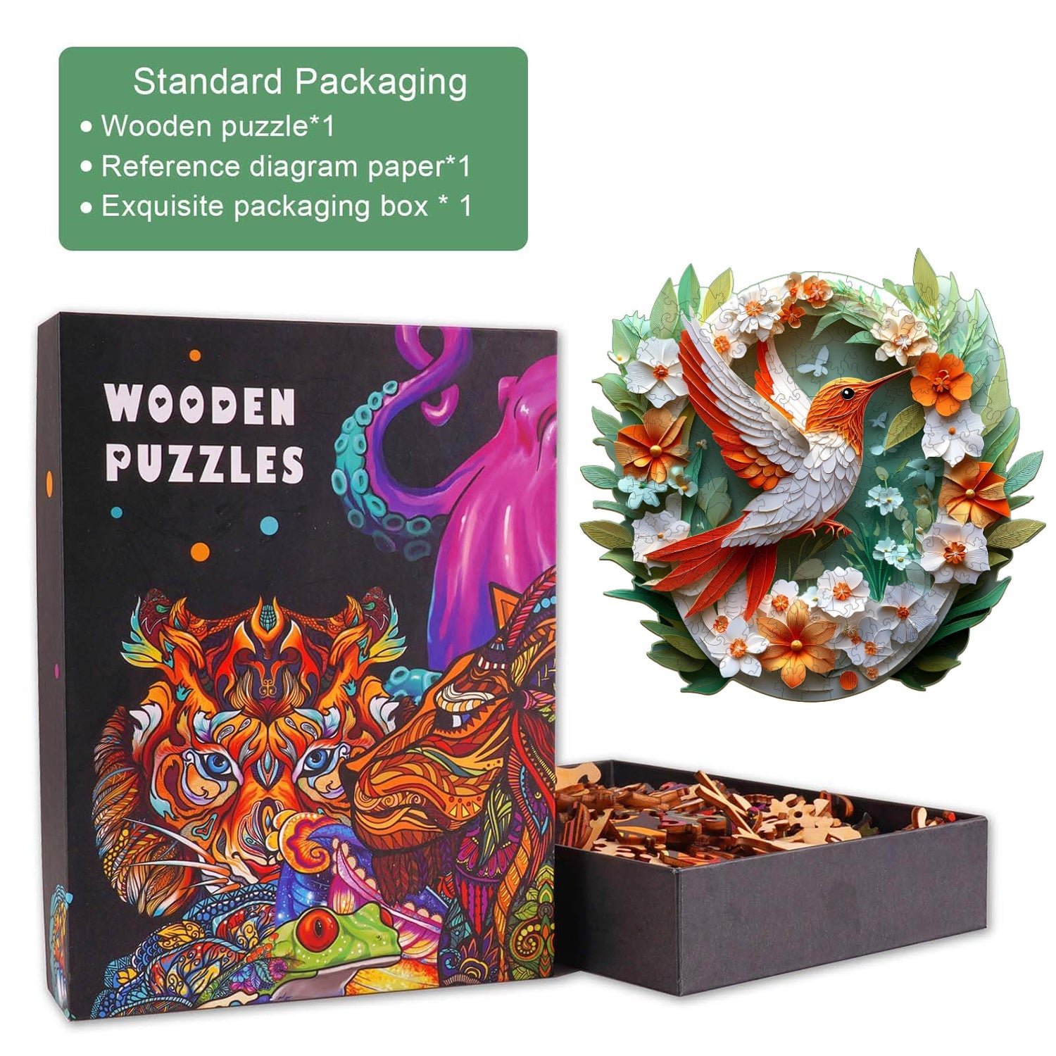 3D Buntes Papier Schnitzerei Kolibri Holz Puzzle
