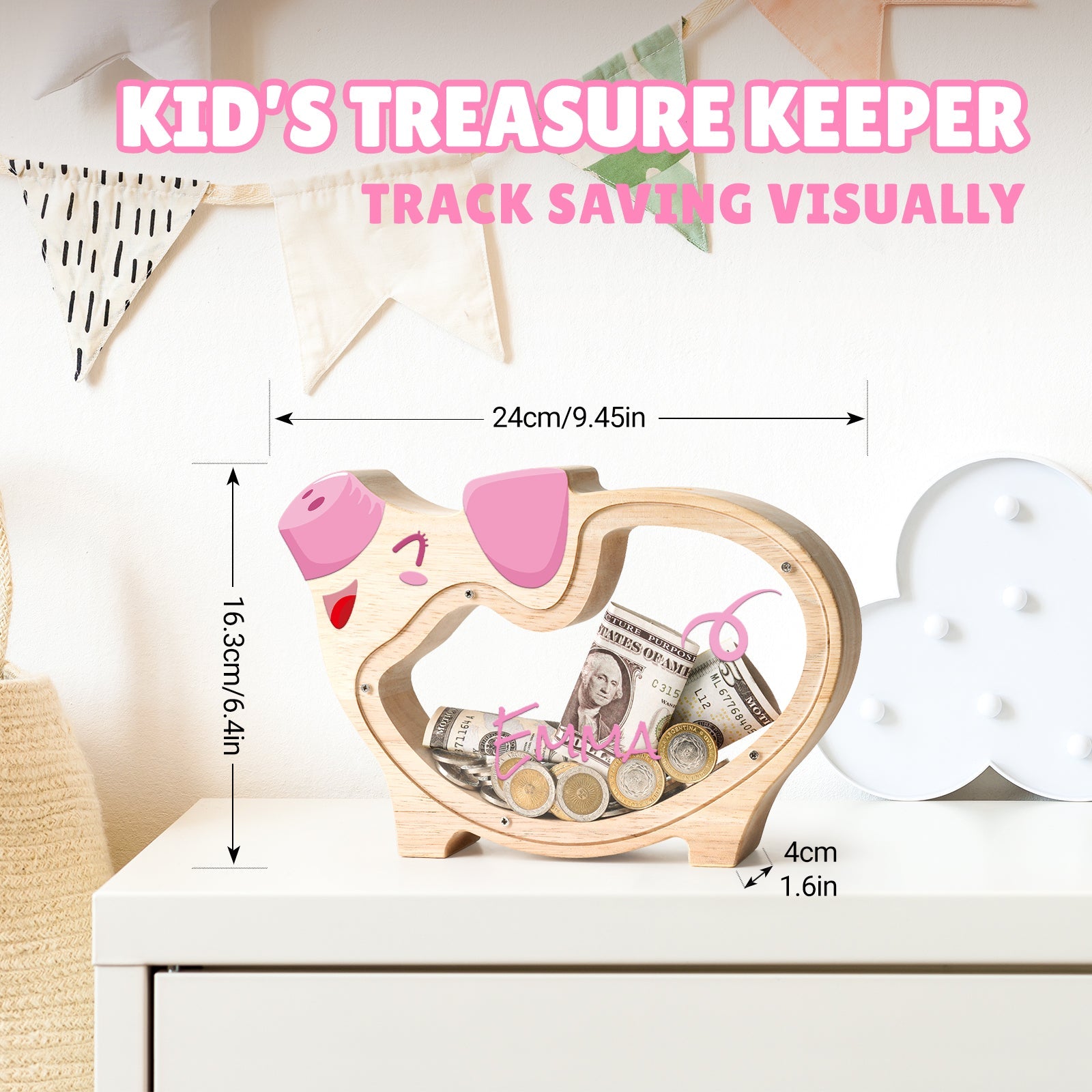 Custom wooden piggy bank for kids, designed to track savings visually with clear panels.