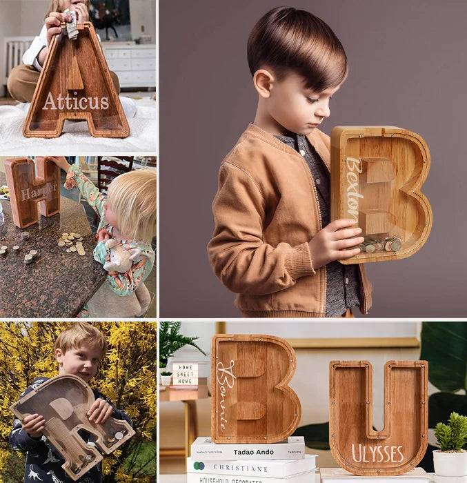 Personalized wooden letter piggy banks for kids, promoting financial awareness and savings in a fun way.