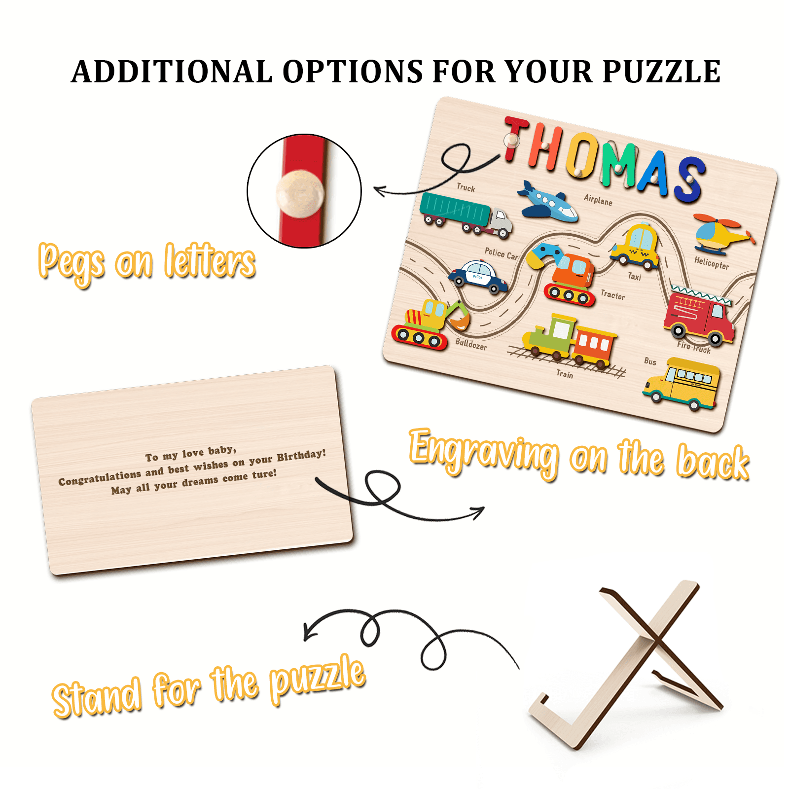 Personalized Traffic Name Puzzle showcasing colorful vehicles, customizable name, and optional engraving and stand.