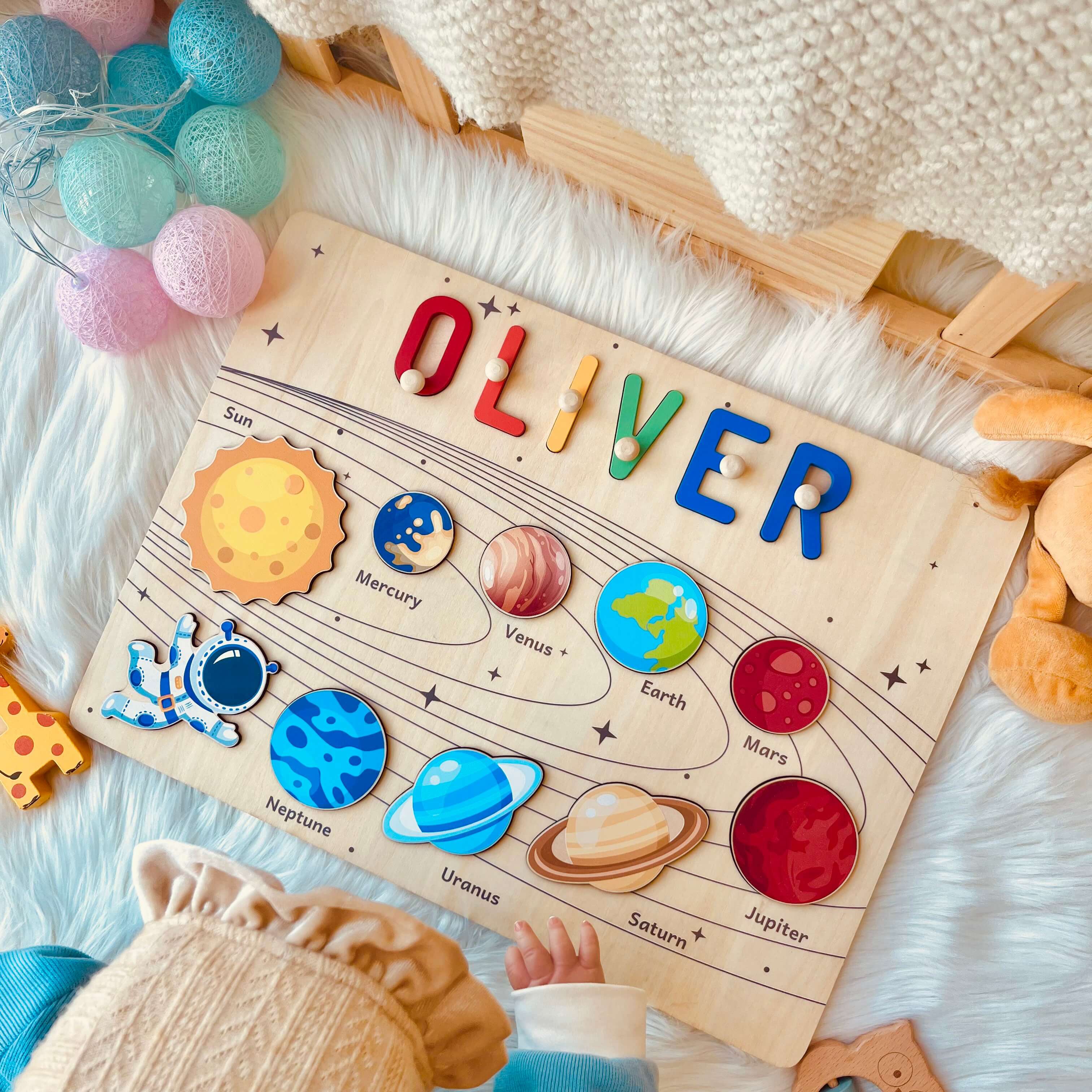 Personalized Planet Name Puzzle featuring planets and the name 'OLIVER', designed for children's learning and play.