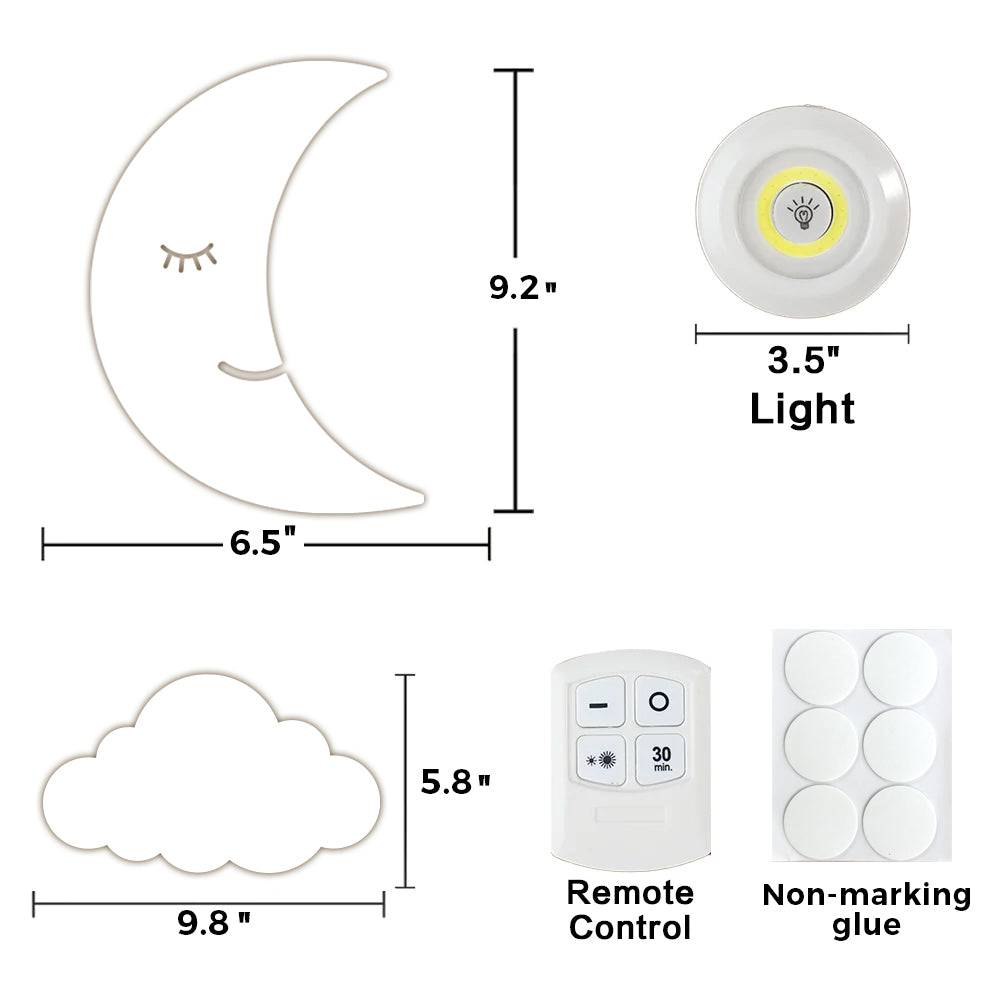 Moon and cloud wall light dimensions: moon 6.5x9.2 in, cloud 5.8x9.8 in, light 3.5 in, includes remote or non-marking glue.