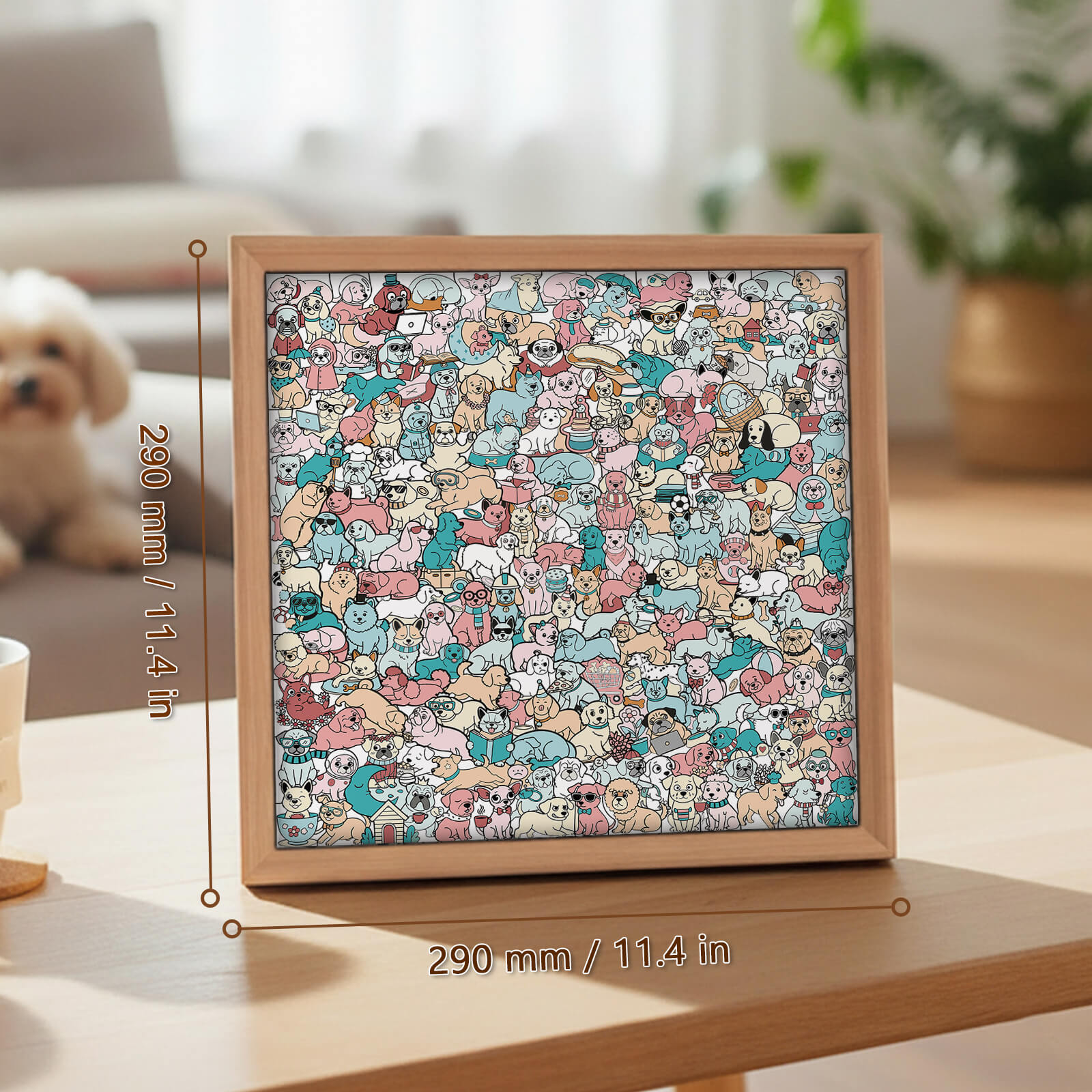 Puzzle carré en bois 195 pièces couleur Morandi en forme de chien mignon