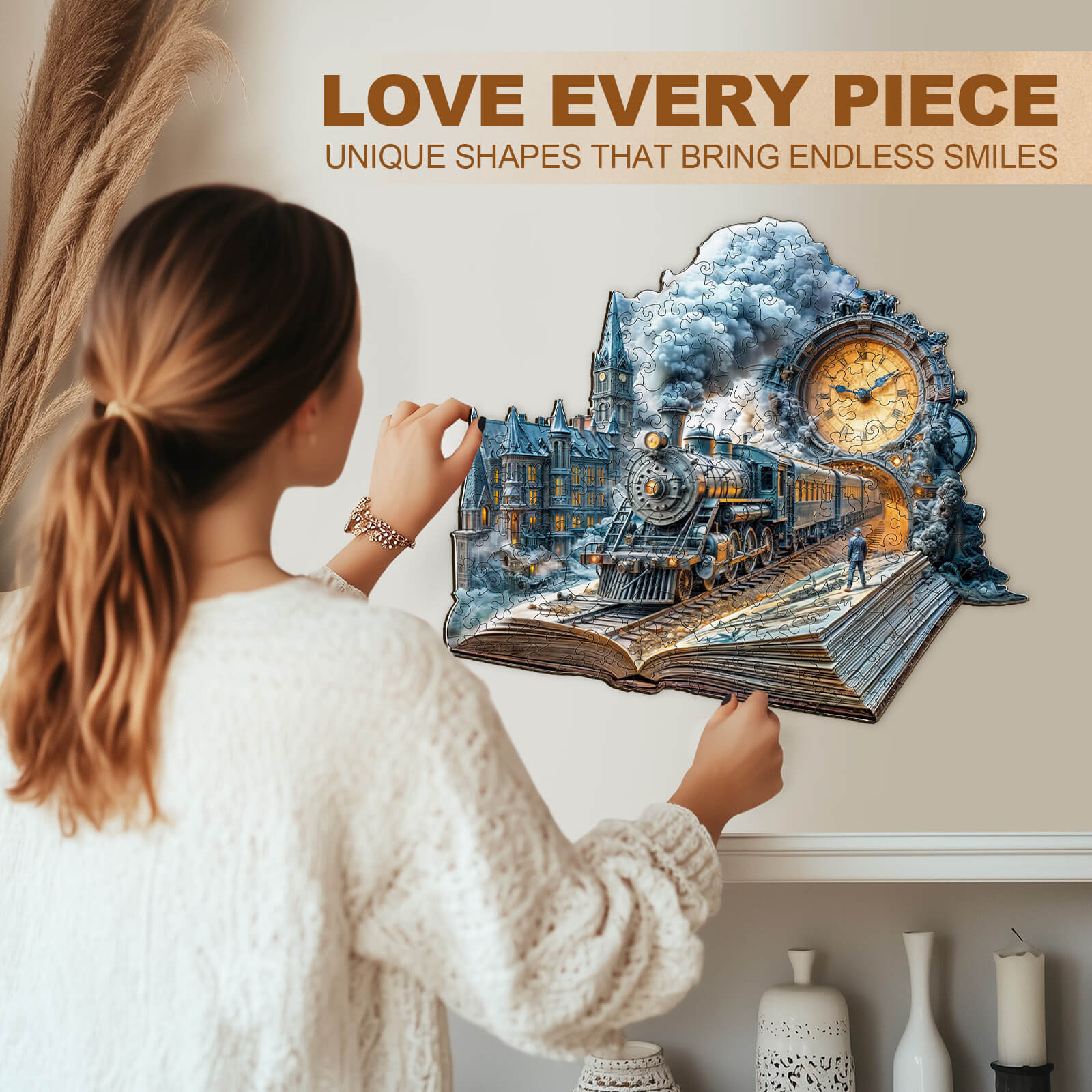 Woman enjoying the Chrono Train Wooden Jigsaw Puzzle, showcasing unique train and clock design for a creative experience.