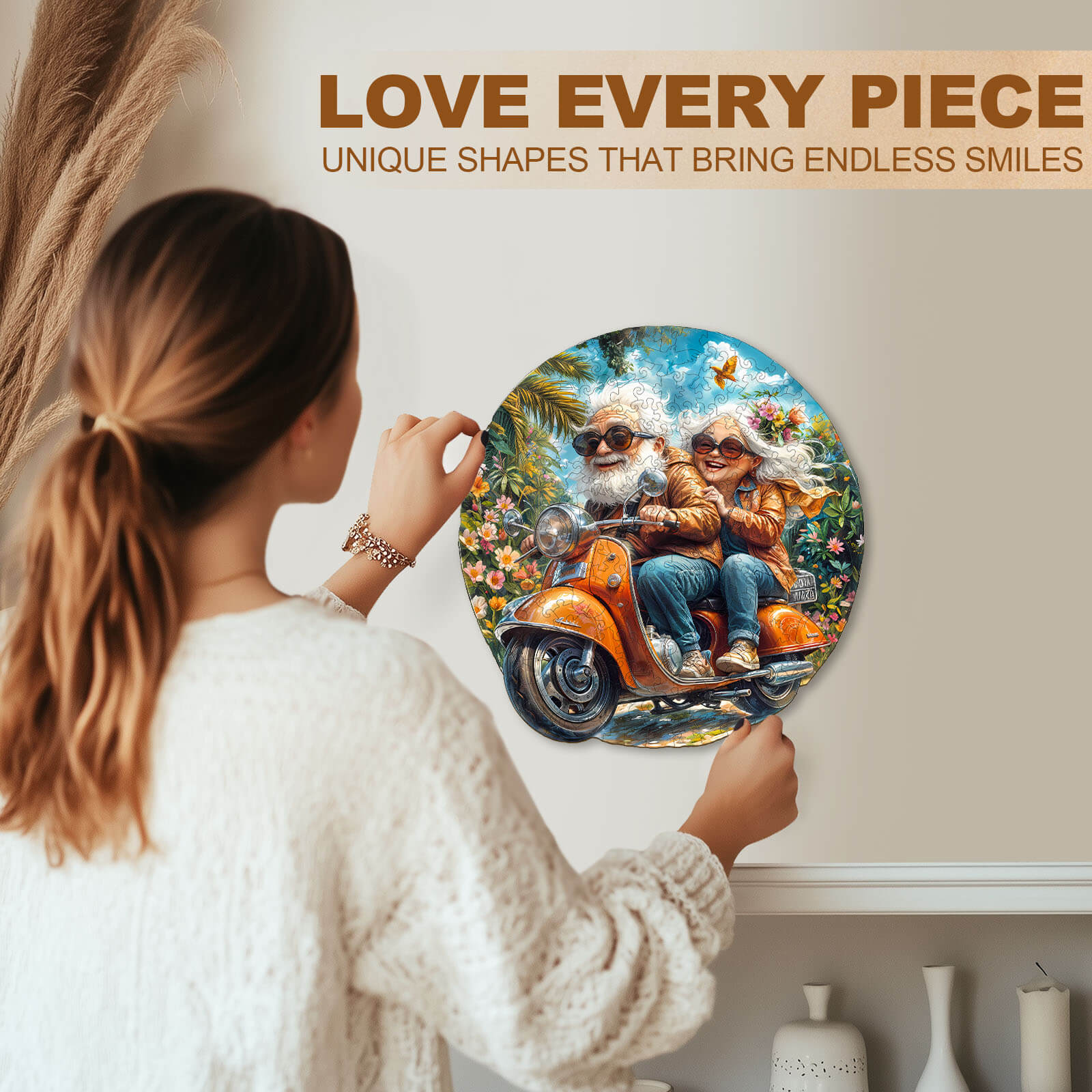 Woman admiring Motorcycle Granny-2 wooden jigsaw puzzle, showcasing unique shapes and joyful design.