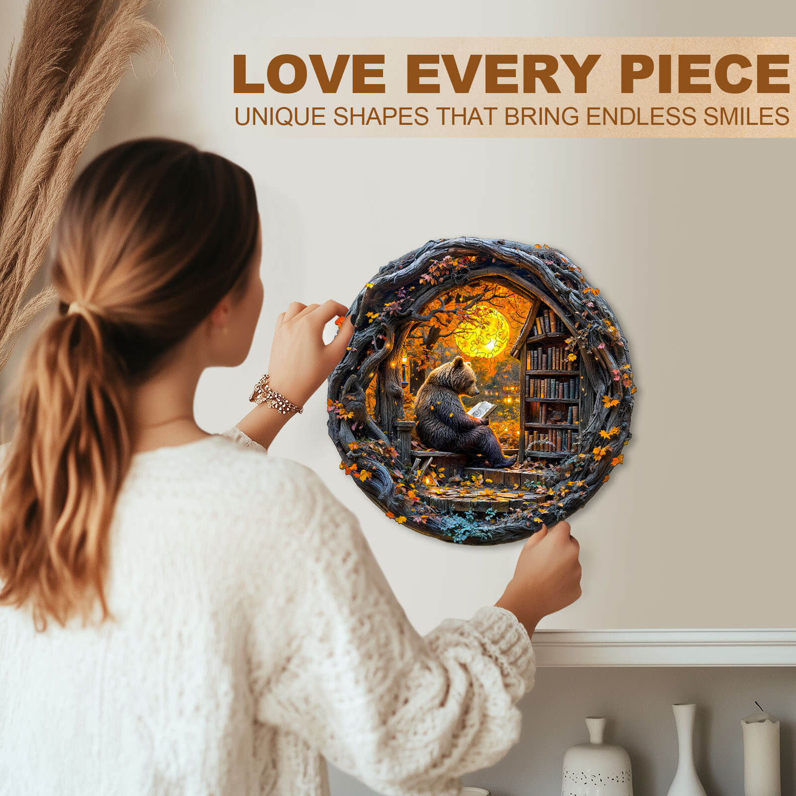 A woman assembling a unique Reading bear wooden jigsaw puzzle, showcasing beautiful shapes and vibrant colors.