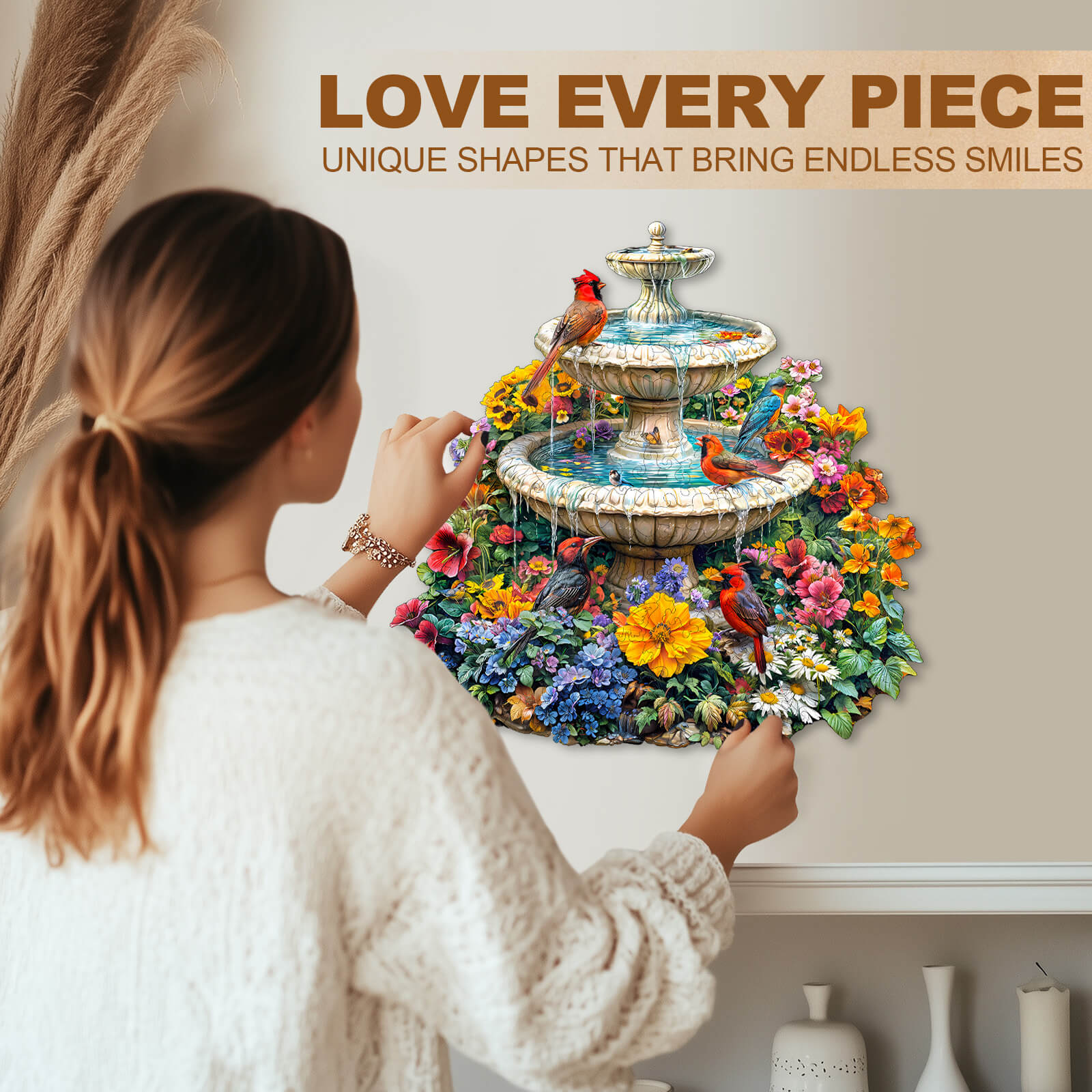 Person enjoying the Garden Melody jigsaw puzzle featuring a colorful fountain and vibrant flowers.