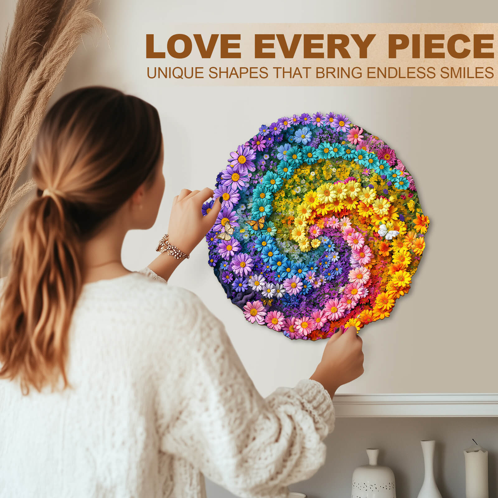 Woman assembling the Sea of Flowers wooden jigsaw puzzle, showcasing vivid colors and unique shapes for endless fun.