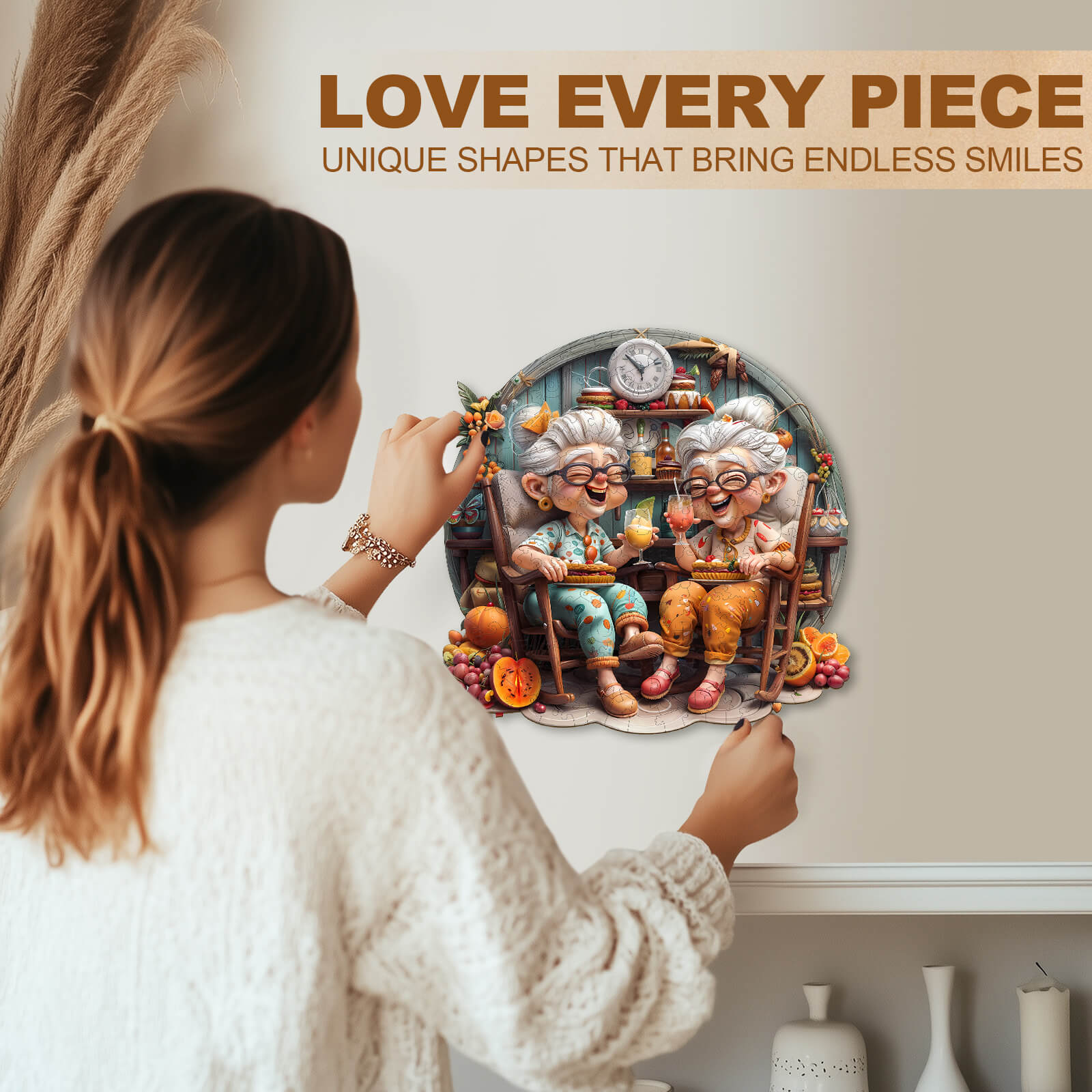 A woman enjoys assembling the Grandma's Party wooden jigsaw puzzle featuring playful grandparents, promoting focus and fun.