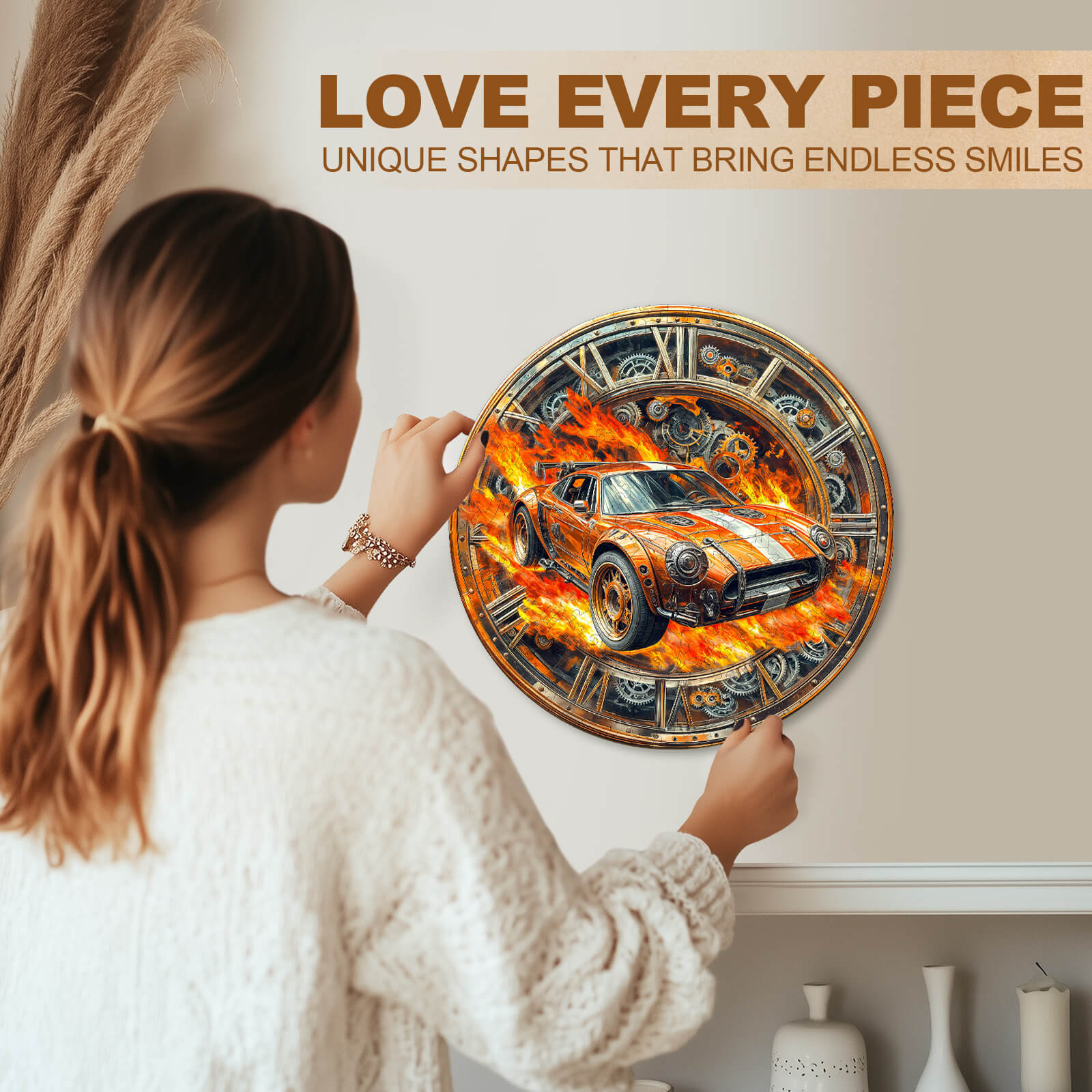 Woman assembling the Blazing Speed wooden jigsaw puzzle featuring a fiery car design, highlighting unique puzzle shapes.