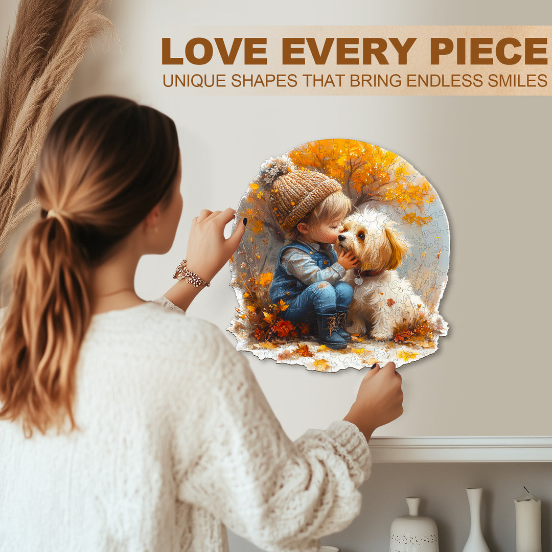 Child enjoying a unique wooden jigsaw puzzle featuring a boy with a dog under autumn trees, promoting fun and focus.
