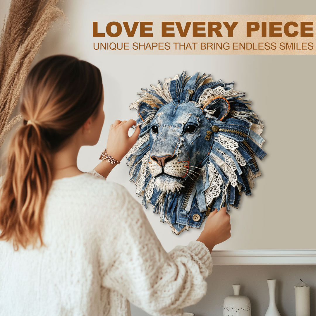 Denim Fabric Lion Wooden Jigsaw Puzzle