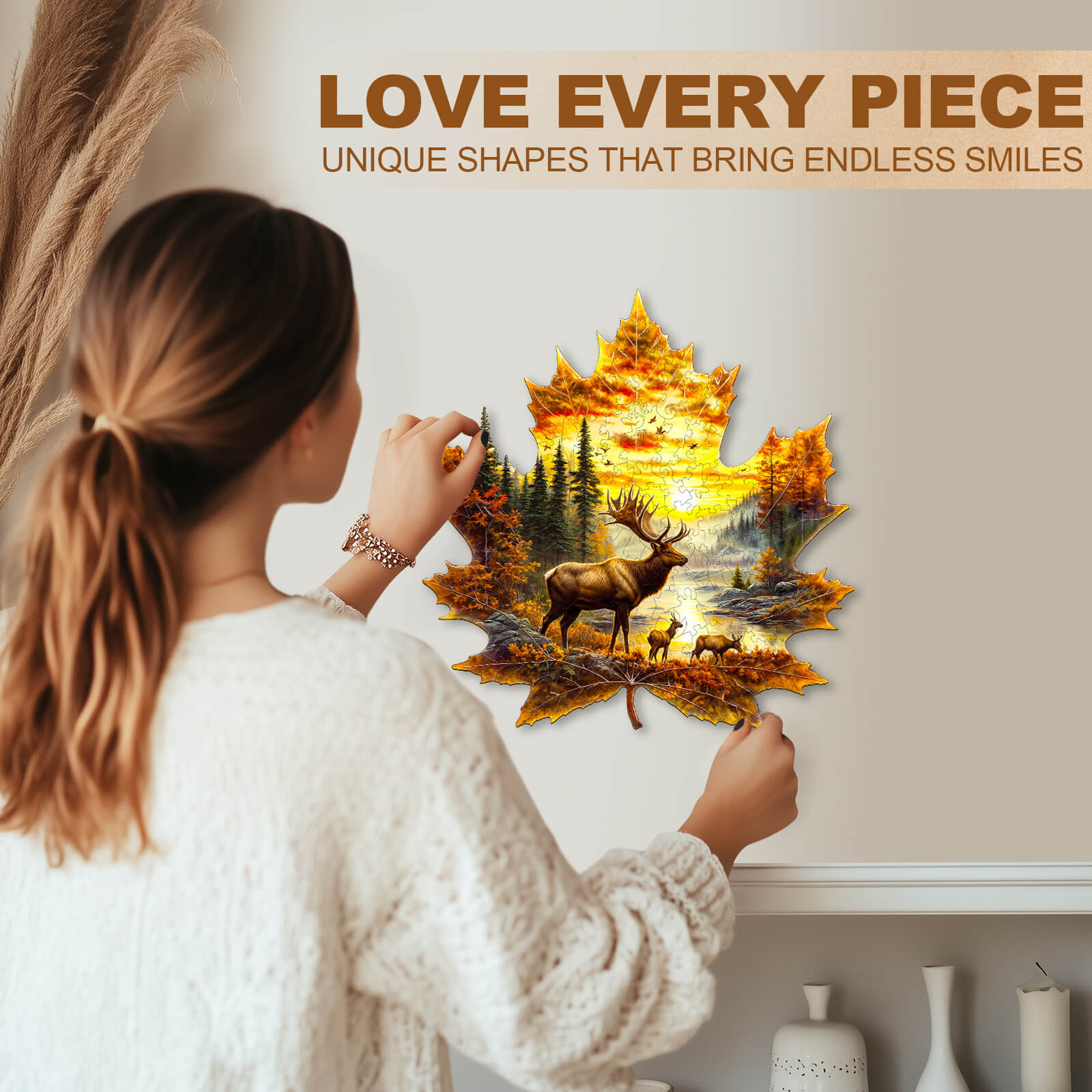 Elk and maple leaves Wooden Jigsaw Puzzle