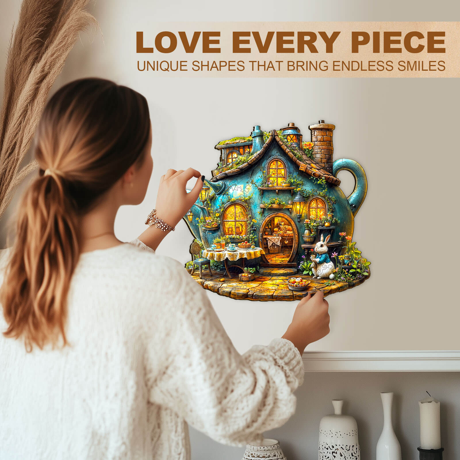Woman assembling Rabbit's teapot wooden jigsaw puzzle, showcasing unique shapes and vibrant colors for endless fun.