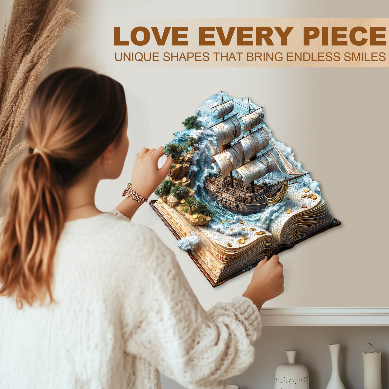 Person enjoying a Sailing Adventure wooden jigsaw puzzle with unique shapes, evoking smiles and focus during play.