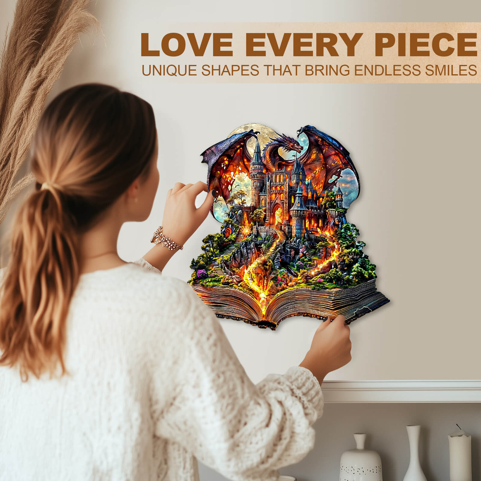 A woman admiring a colorful wooden jigsaw puzzle of a castle and dragon, showcasing unique puzzle shapes.