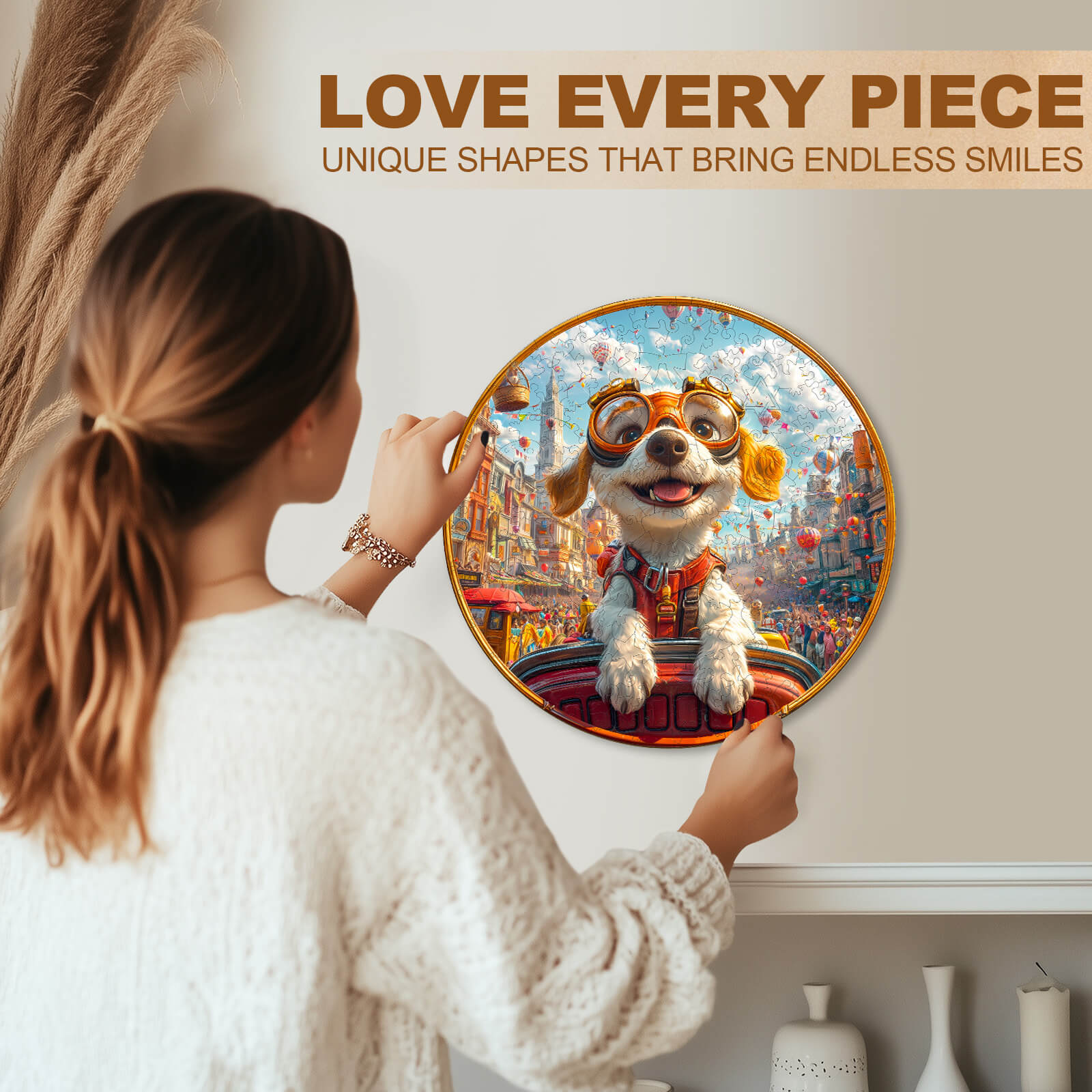 Woman admiring a colorful jigsaw puzzle featuring a dog, highlighting unique shapes and joyful moments.