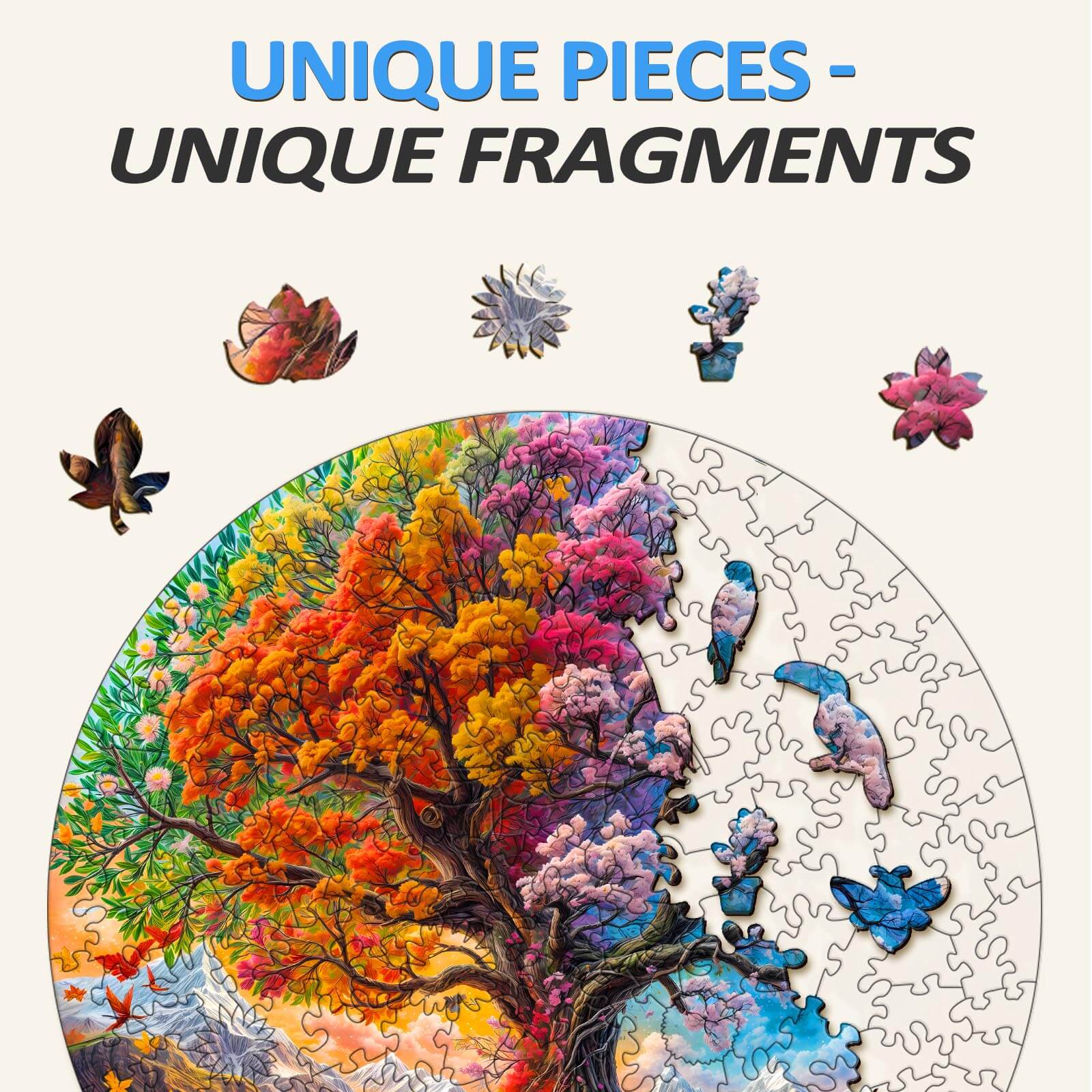 Colorful Seasonal Tree of Life wooden jigsaw puzzle showcasing unique pieces for a mind-challenging experience.