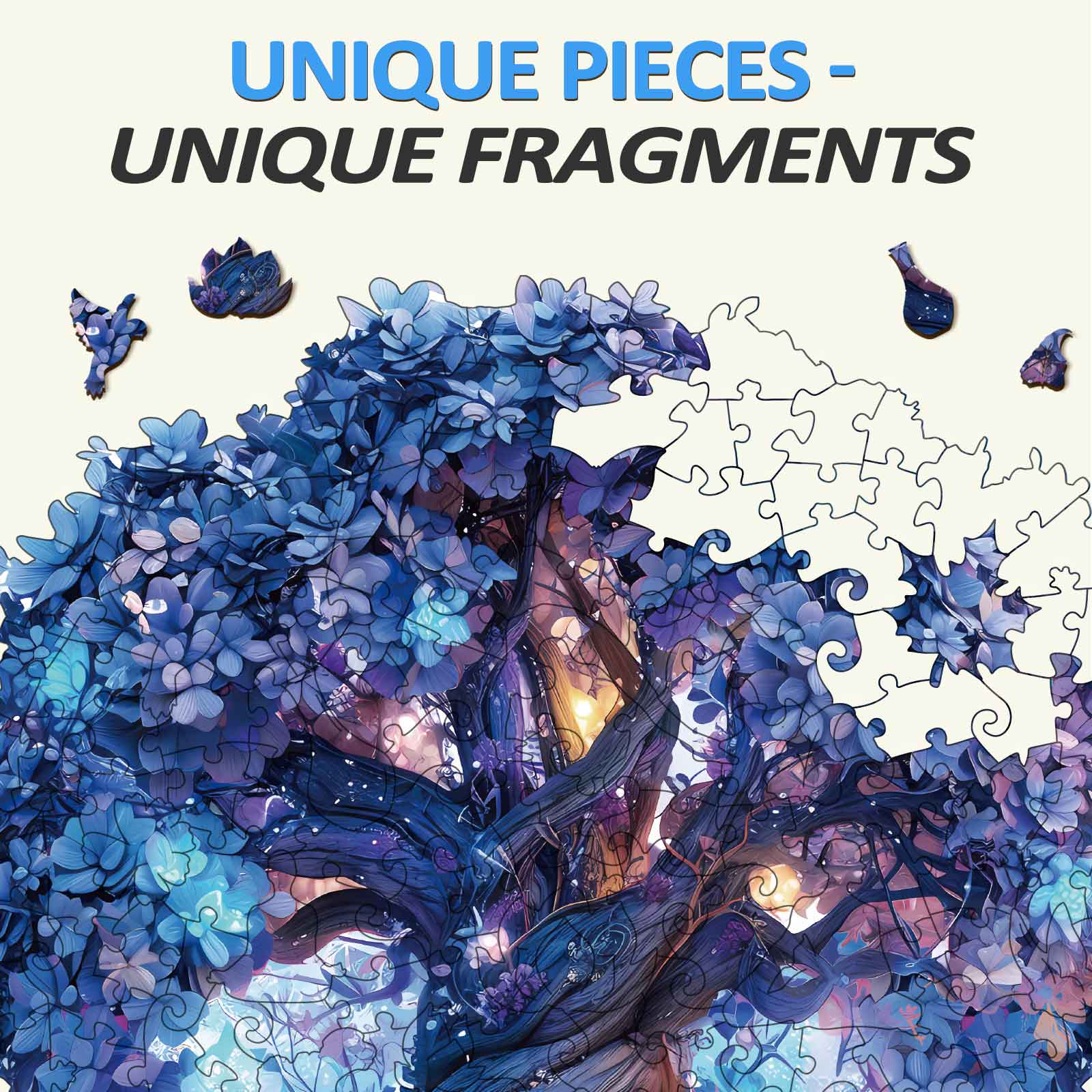 Magic Book Wooden Jigsaw Puzzle featuring unique tree design and colorful flower pieces, perfect for brain training and focus.