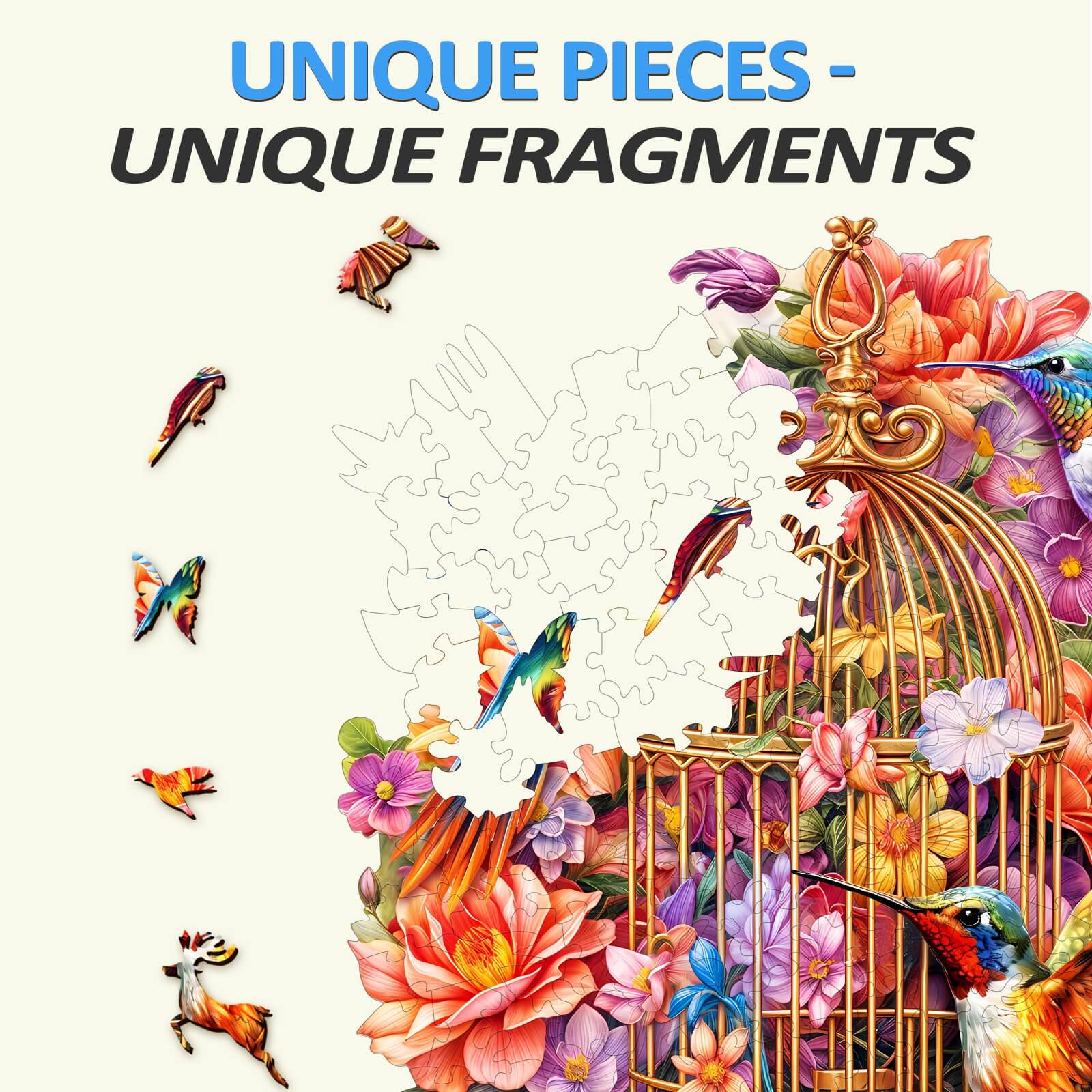 Colorful illustration of a jigsaw puzzle featuring birds and flowers, highlighting unique pieces and fragments.