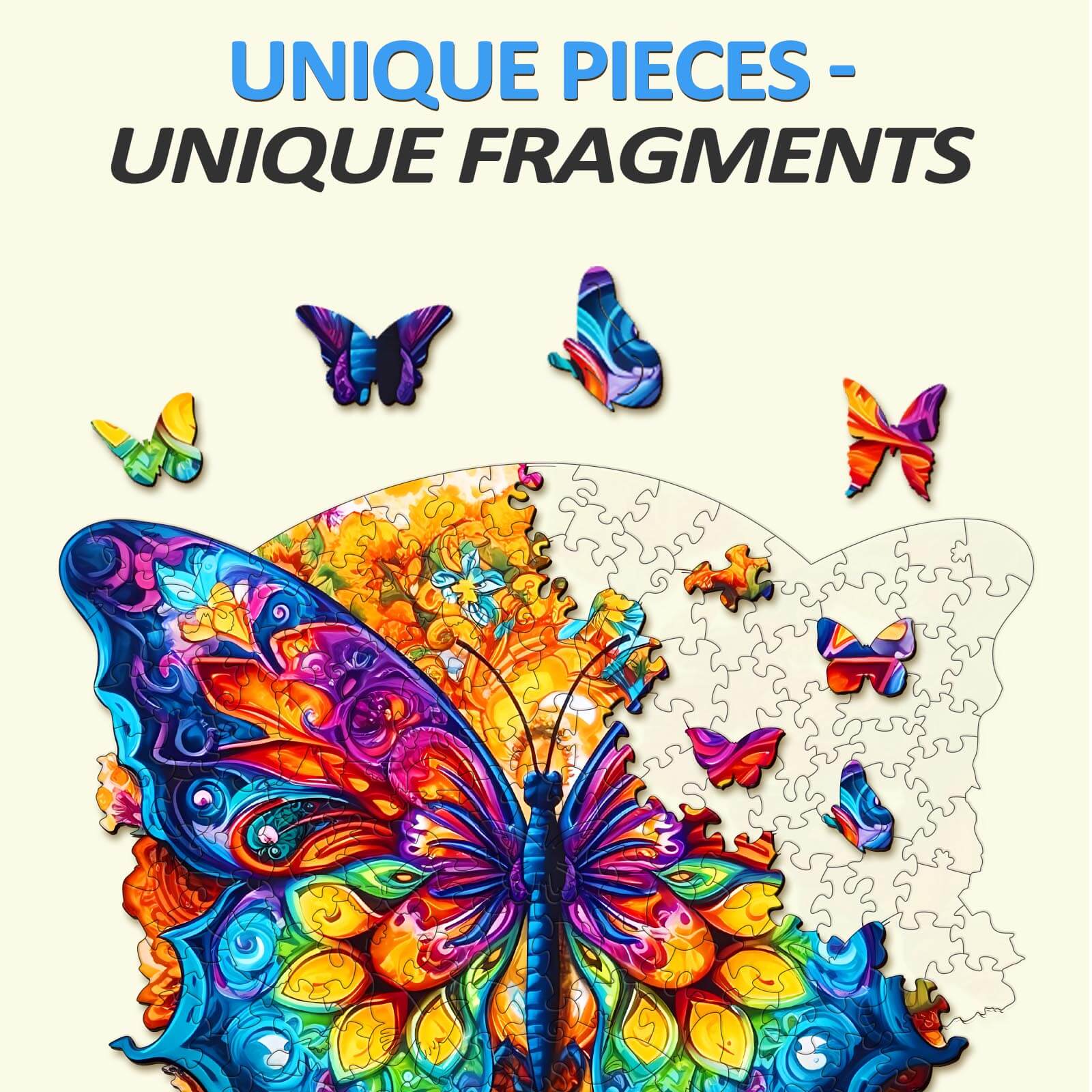 Colorful Mandala Butterfly wooden jigsaw puzzle with unique, intricately shaped pieces and vibrant designs.