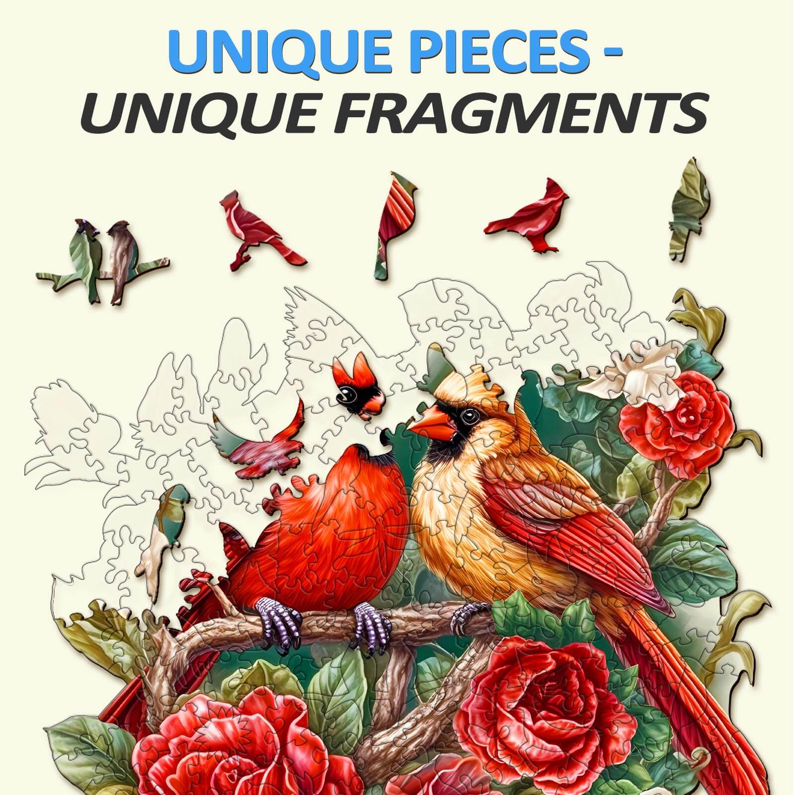 Close-up of unique wooden puzzle pieces featuring vibrant cardinals and roses, showcasing intricate designs and colors.