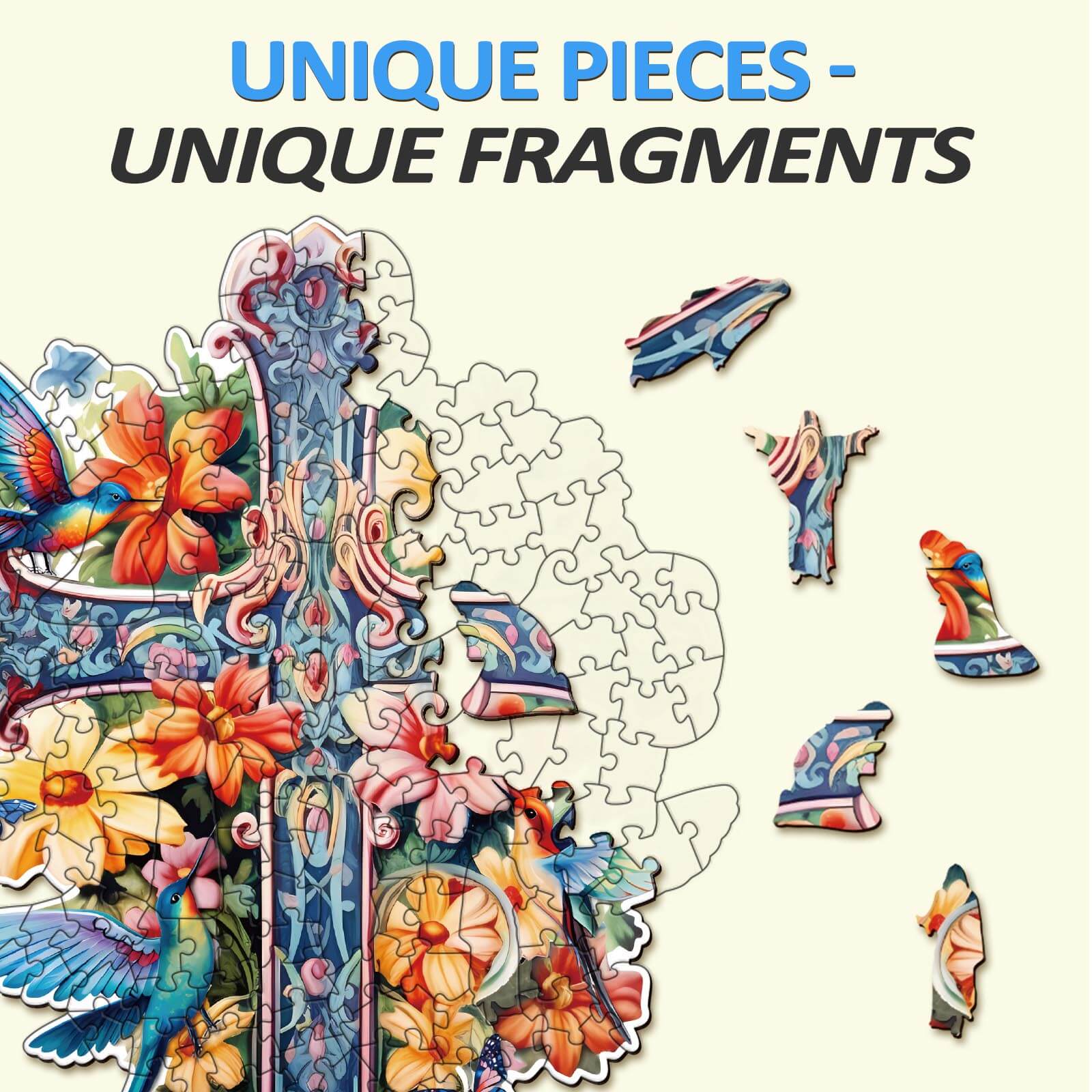 Colorful wooden jigsaw puzzle pieces showing vibrant designs of animals and flowers, showcasing unique shapes and craftsmanship.