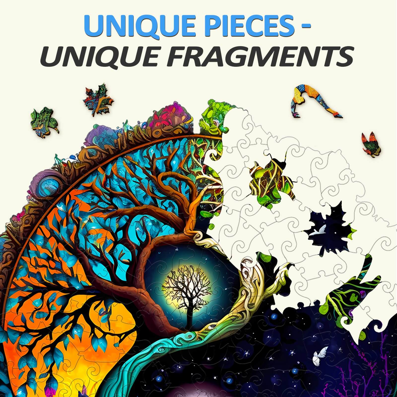 Colorful wooden puzzle featuring unique animal and tree designs with vibrant art and intricate details.