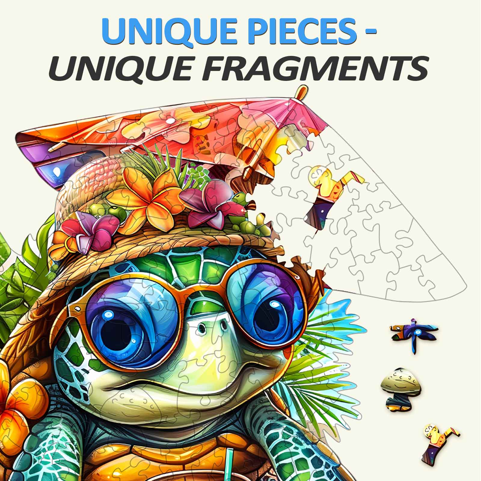 Colorful Beach Turtle wooden jigsaw puzzle showcasing unique pieces for challenging mind games and family fun.