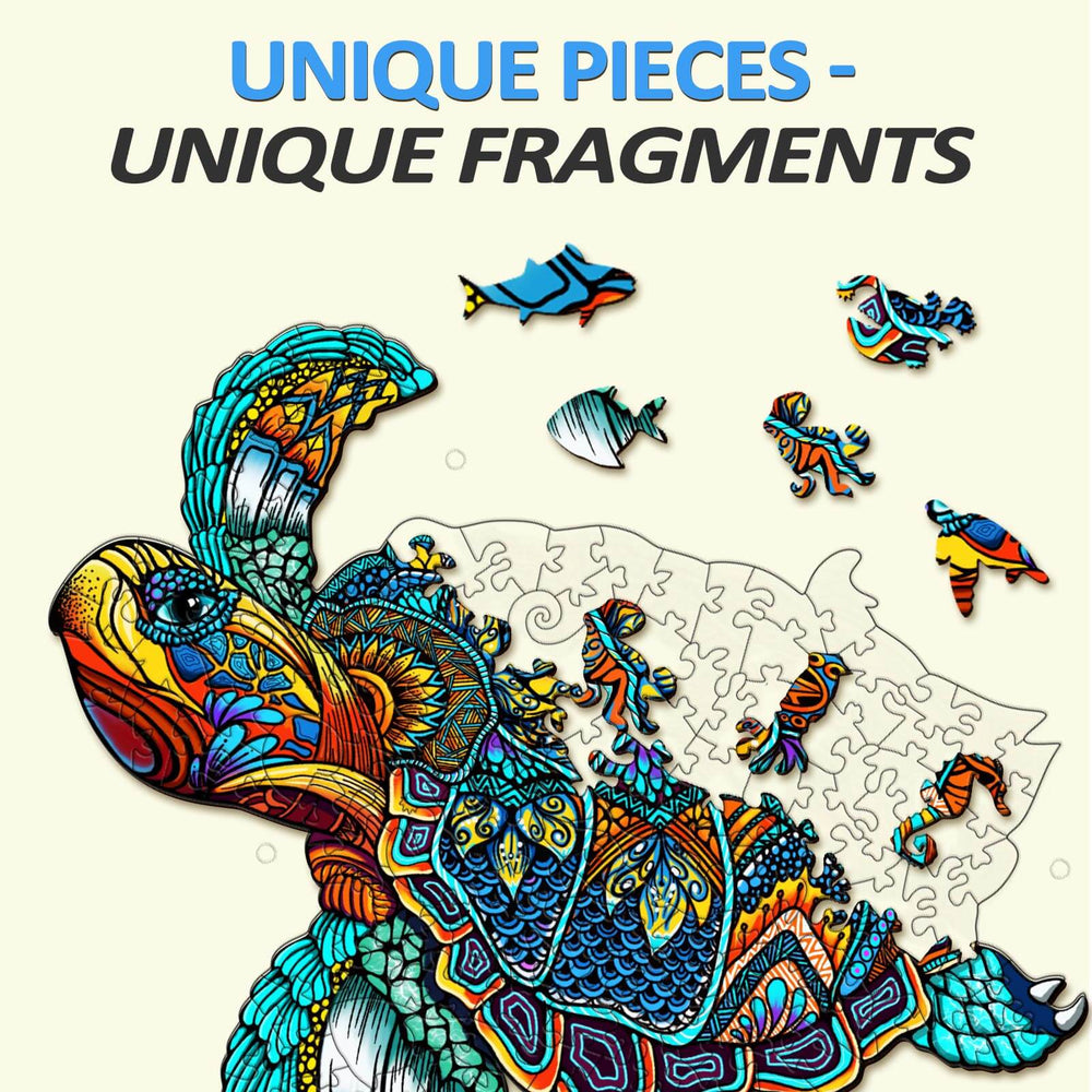 Colorful wooden turtle puzzle pieces showcasing unique shapes and designs with vibrant colors.