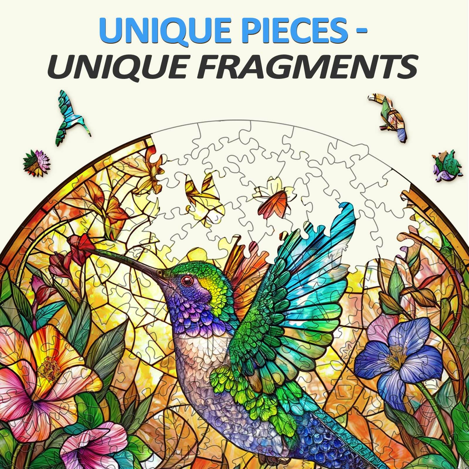 Colorful stained glass hummingbird jigsaw puzzle featuring unique pieces and vibrant floral designs.