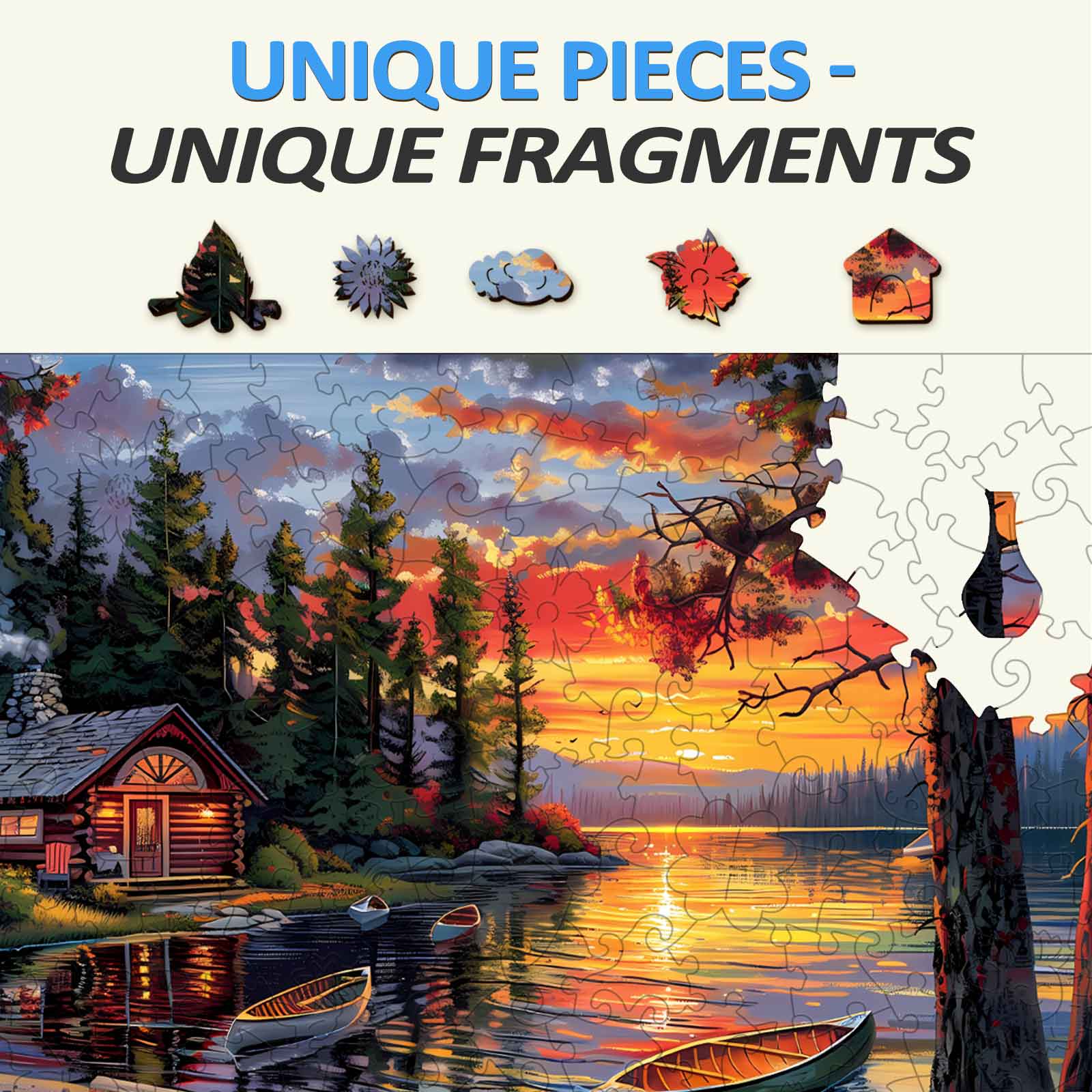 Canoe Lake-1 wooden jigsaw puzzle image featuring unique pieces amidst a scenic sunset lake view.