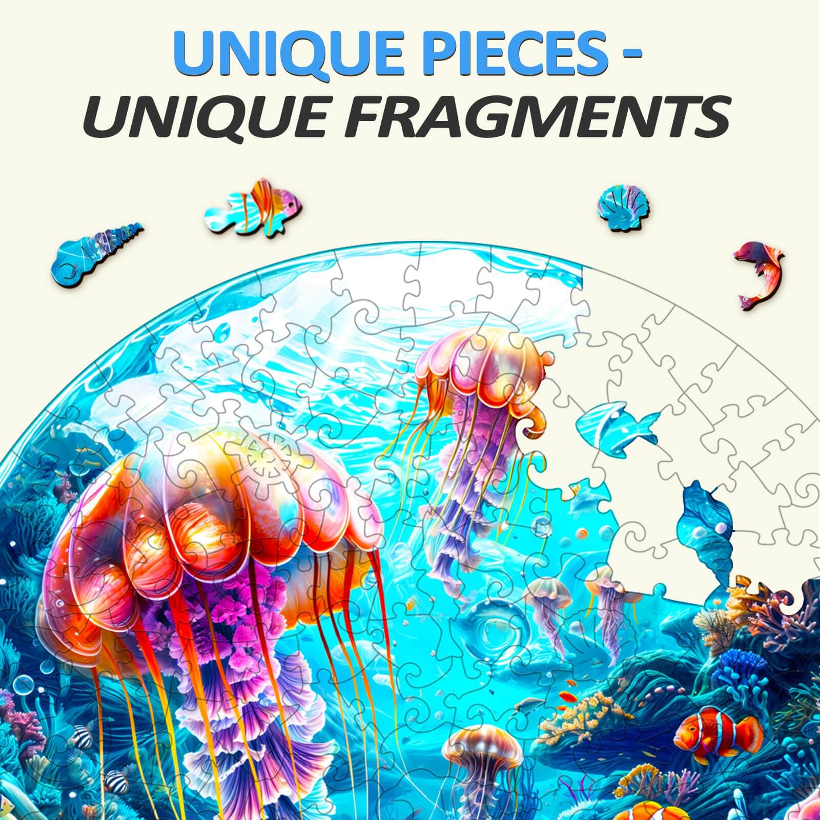 Spherical Ocean wooden jigsaw puzzle featuring unique jellyfish pieces and vibrant sea life in a colorful underwater scene.