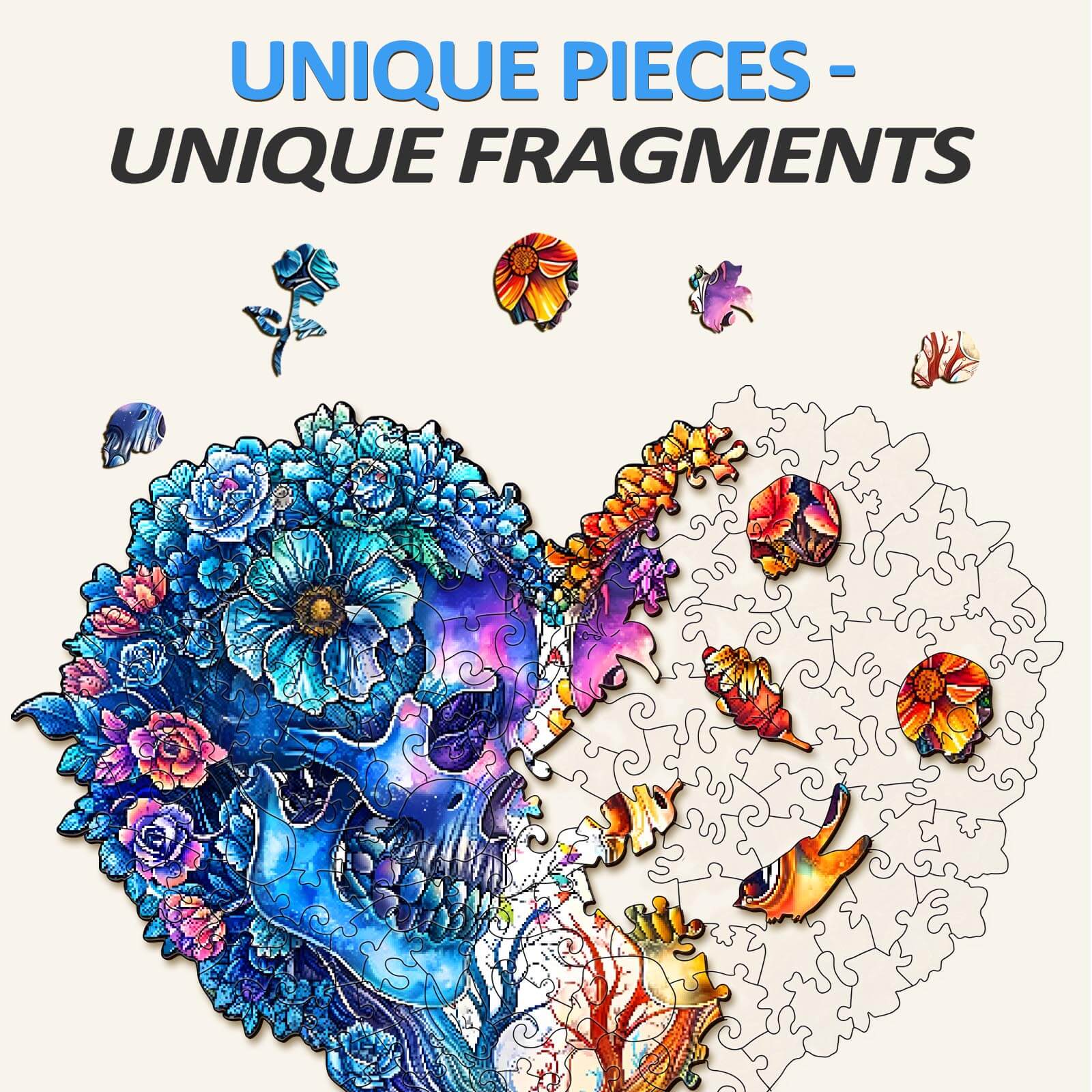 Skull and Love wooden jigsaw puzzle showcasing unique pieces with flowers and skull design, perfect for mind games and focus.