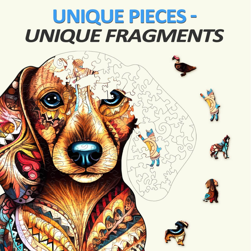Colorful Dachshund puzzle pieces showcasing unique shapes and designs, bringing vibrant art to life.