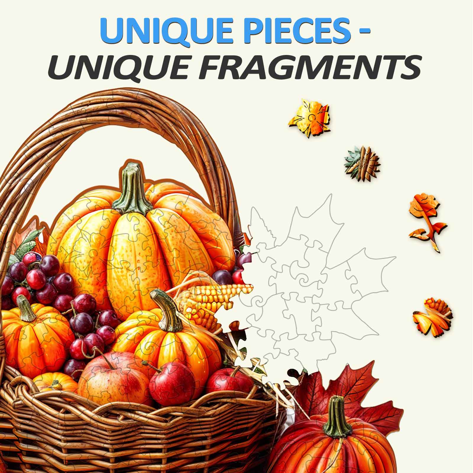 Colorful autumn wooden jigsaw puzzle featuring a basket of pumpkins and fruits, promoting focus and cognitive skills.